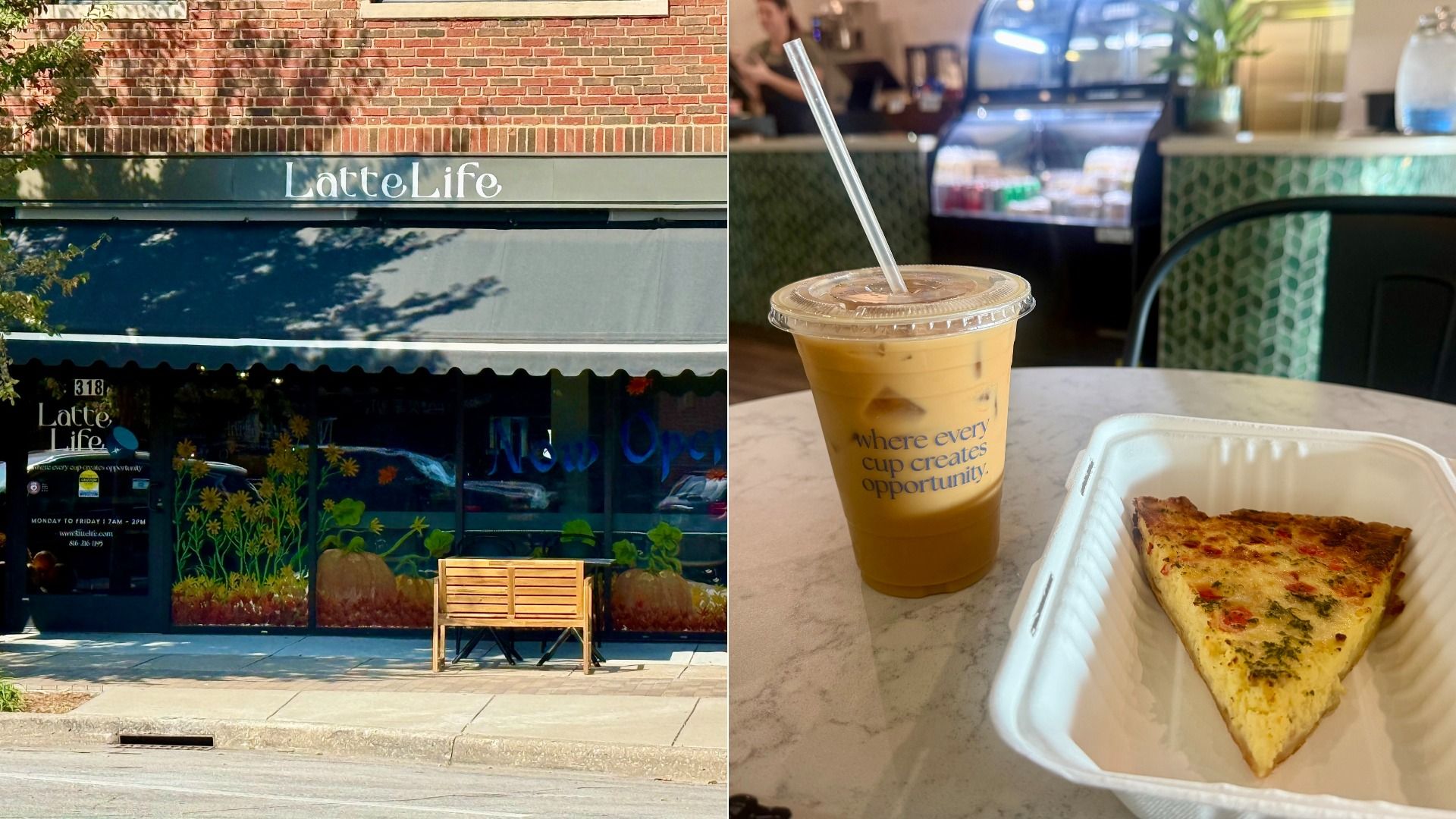Split image: left shows a brick storefront with a teal awning reading "Latte Life" and a bench outside; right shows iced coffee with a straw and a slice of quiche in a takeout container at a cafe.
