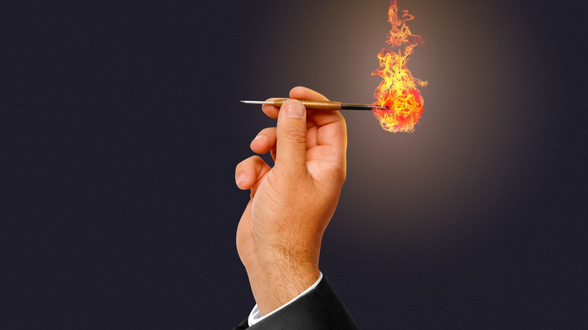 Illustration of a hand holding a dart on fire. 