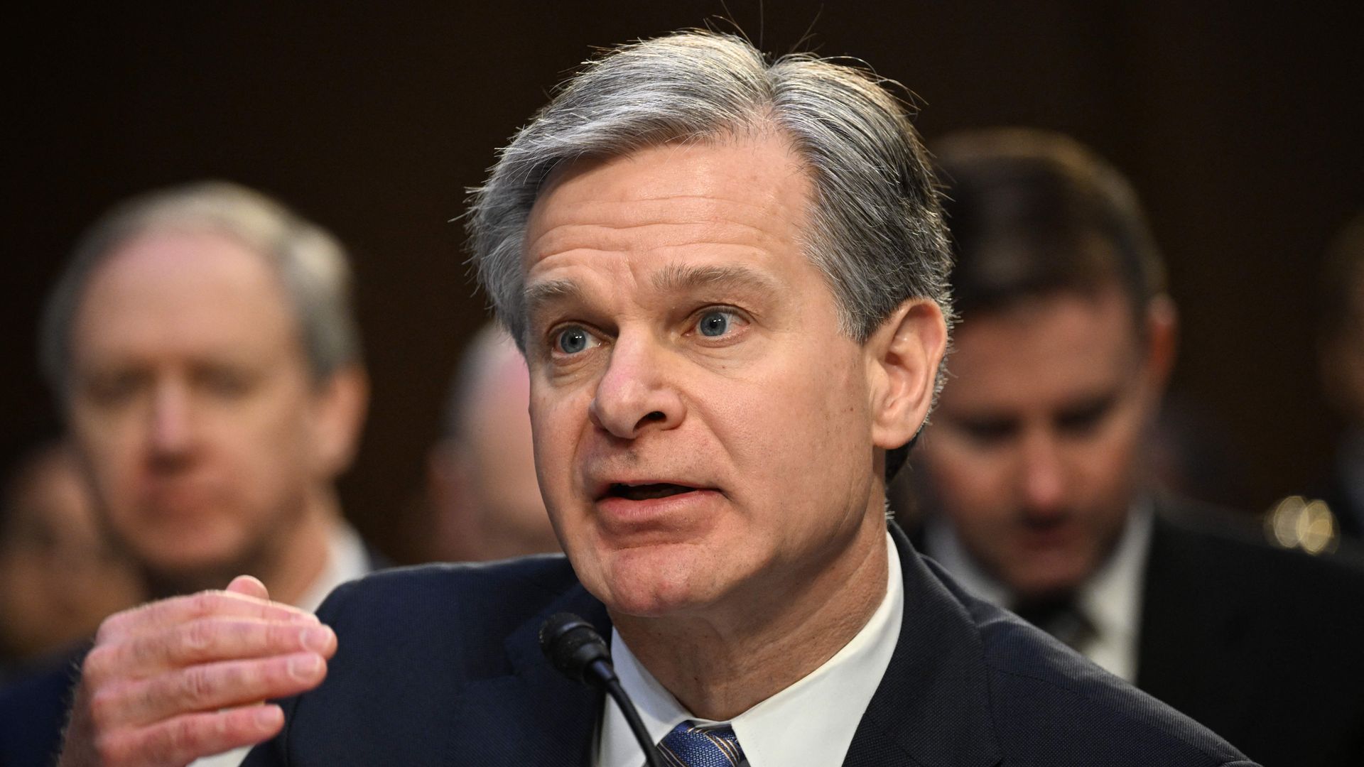 FBI Director Christopher Wray testifies during a Senate Intelligence Committee