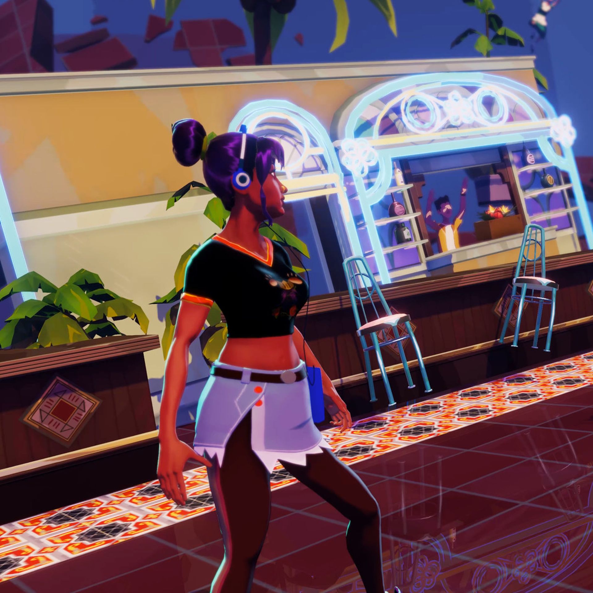 Video game screenshot of a woman and a man in a magical-looking restaurant, facing off