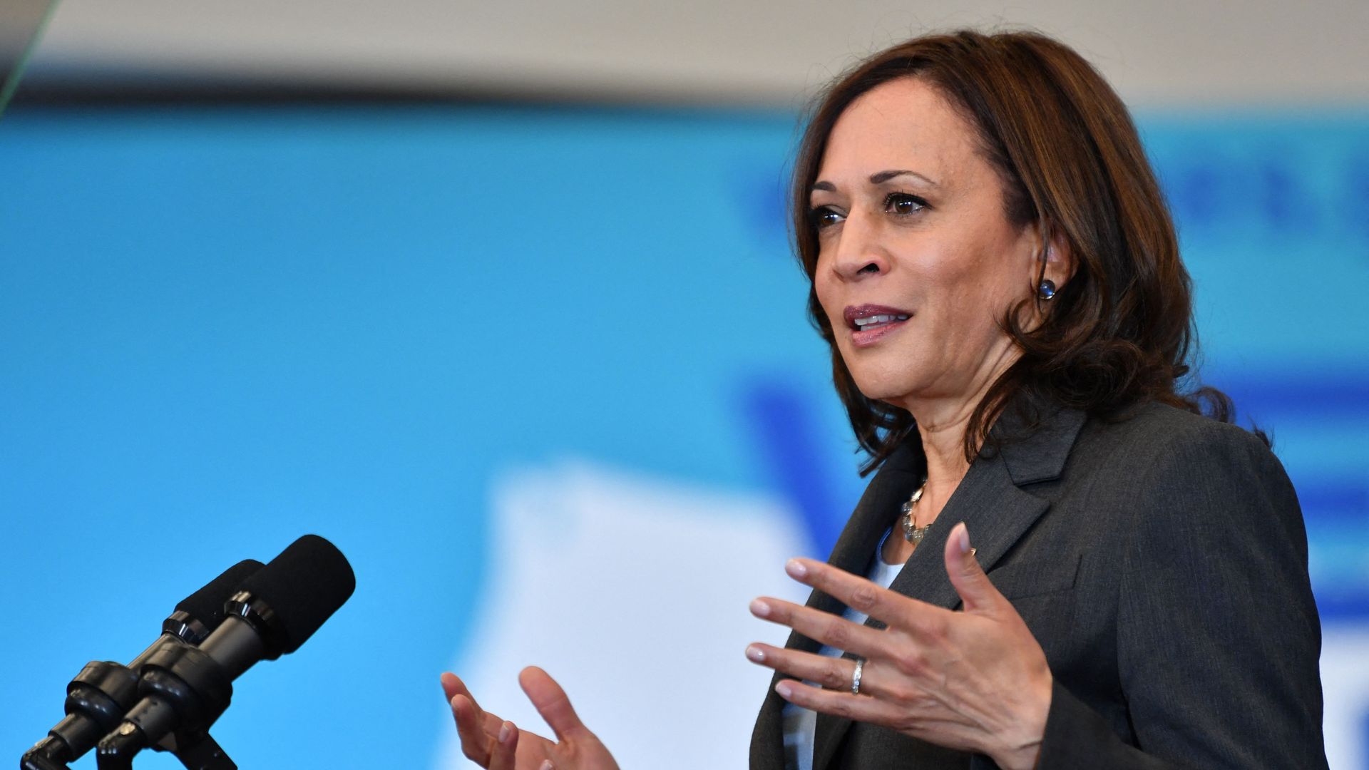 Photo of Kamala Harris speaking and gesturing with her hands