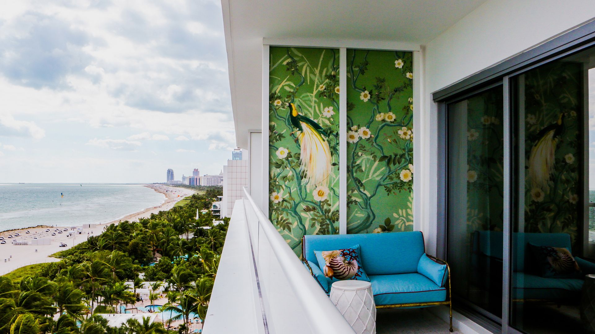 A view of the beach is seen from the balcony of a guest room at the Faena Hotel 