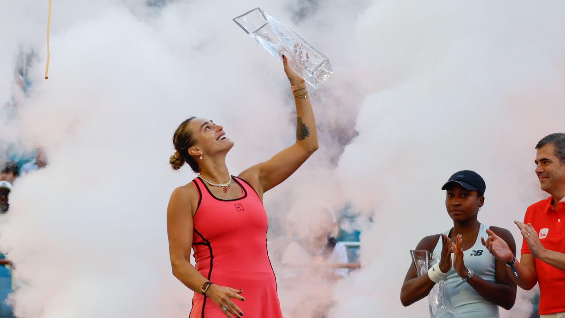 MIAMI GARDENS, FL - MARCH 28: Aryna Sabalenka celebrates with the Butch Buchholz Championship trophy after the women's final singles match against Coco Gauff (USA) (not pictured) at the Miami Open on March 28, 2026, at Hard Rock Stadium in Miami Gardens, Florida,(Photo by Chris Arjoon/Icon Sportswir