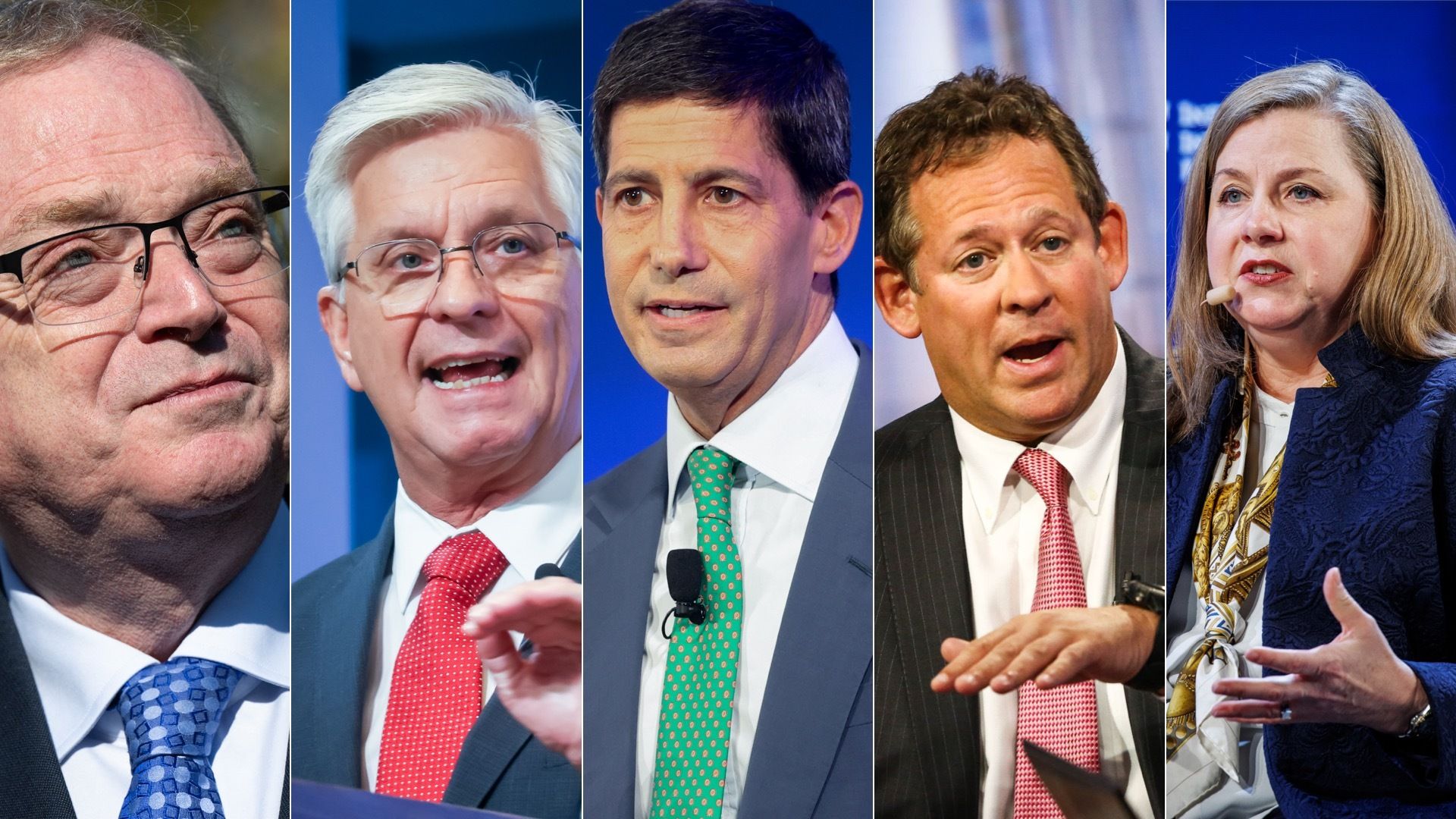 من اليسار إلى اليمين: مدير المجلس الاقتصادي الوطني كيفن هاسيت، ومحافظ بنك الاحتياطي الفيدرالي كريس والر، ومحافظ بنك الاحتياطي الفيدرالي السابق كيفن وارش، ومسؤول الاستثمار الرئيسي في الدخل الثابت العالمي في شركة بلاك روك ريك ريدر، ومحافظ بنك الاحتياطي الفيدرالي ميشيل بومان.