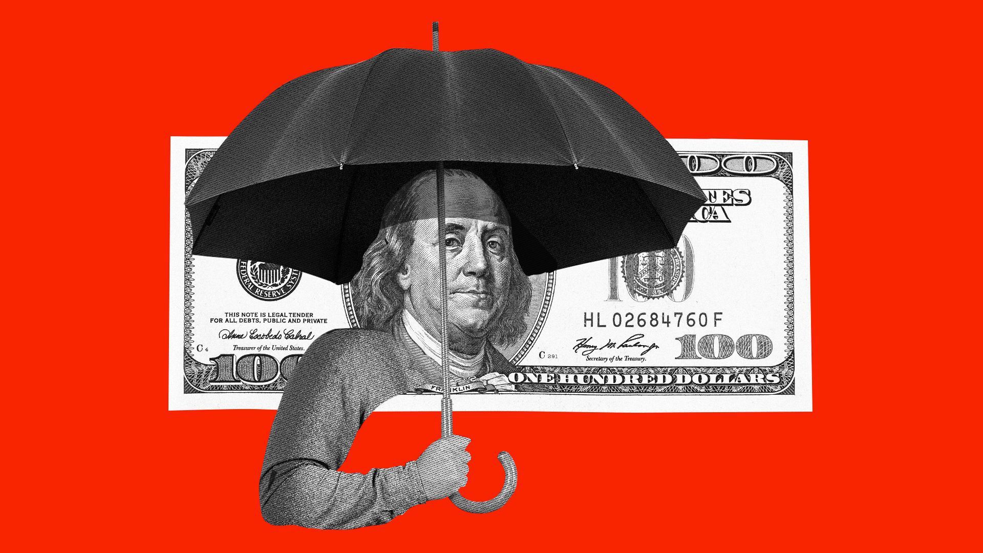 Benjamin Franklin holding an umbrella on a $100 bill, in front of a red background.