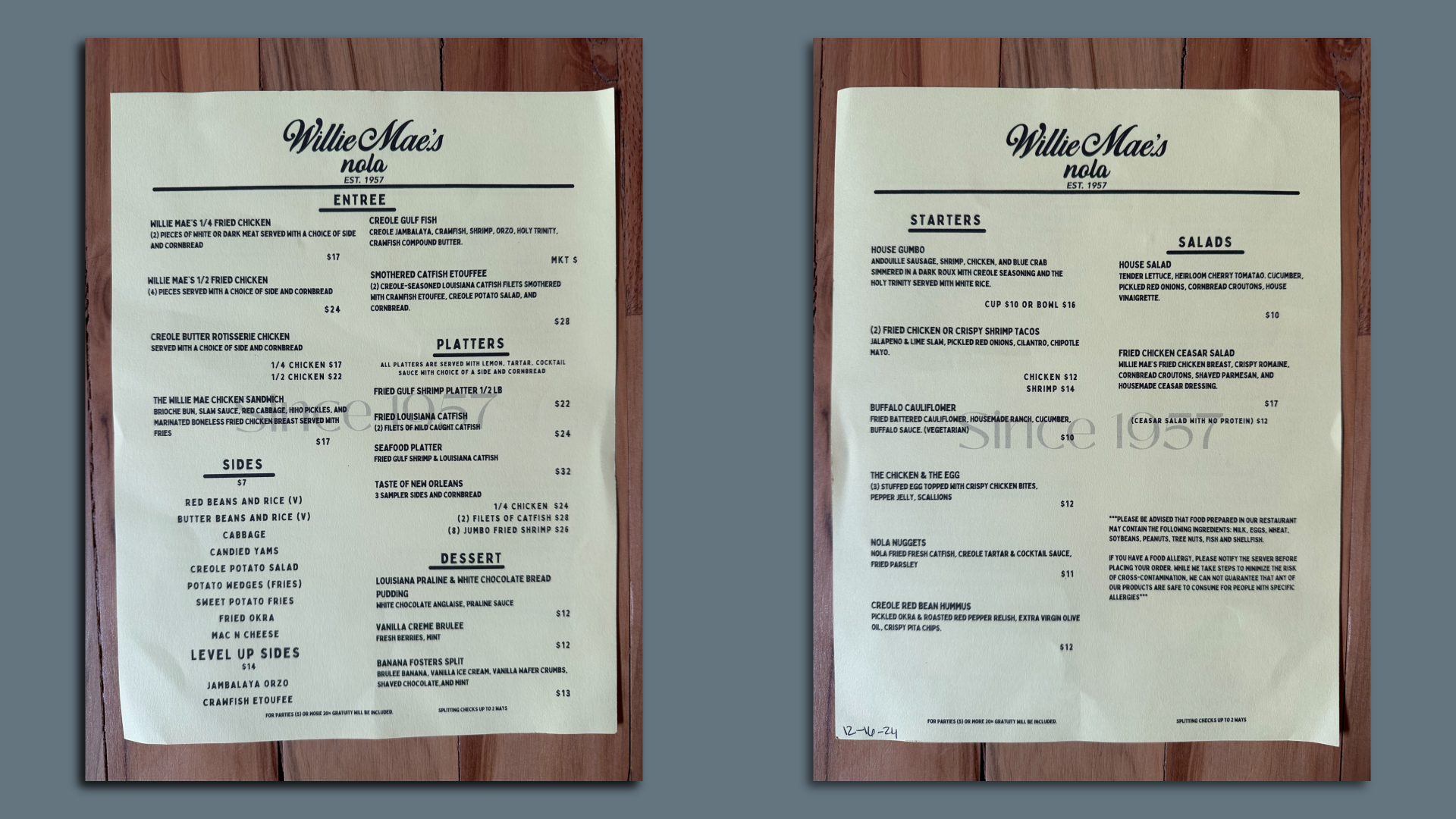 A side by side photo of two sides of a menu for Willie Mae's NOLA.