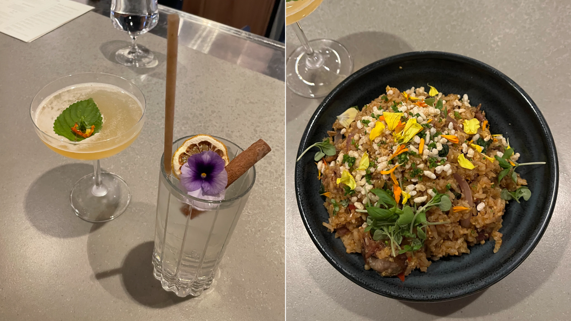 two drinks and a bowl of rice