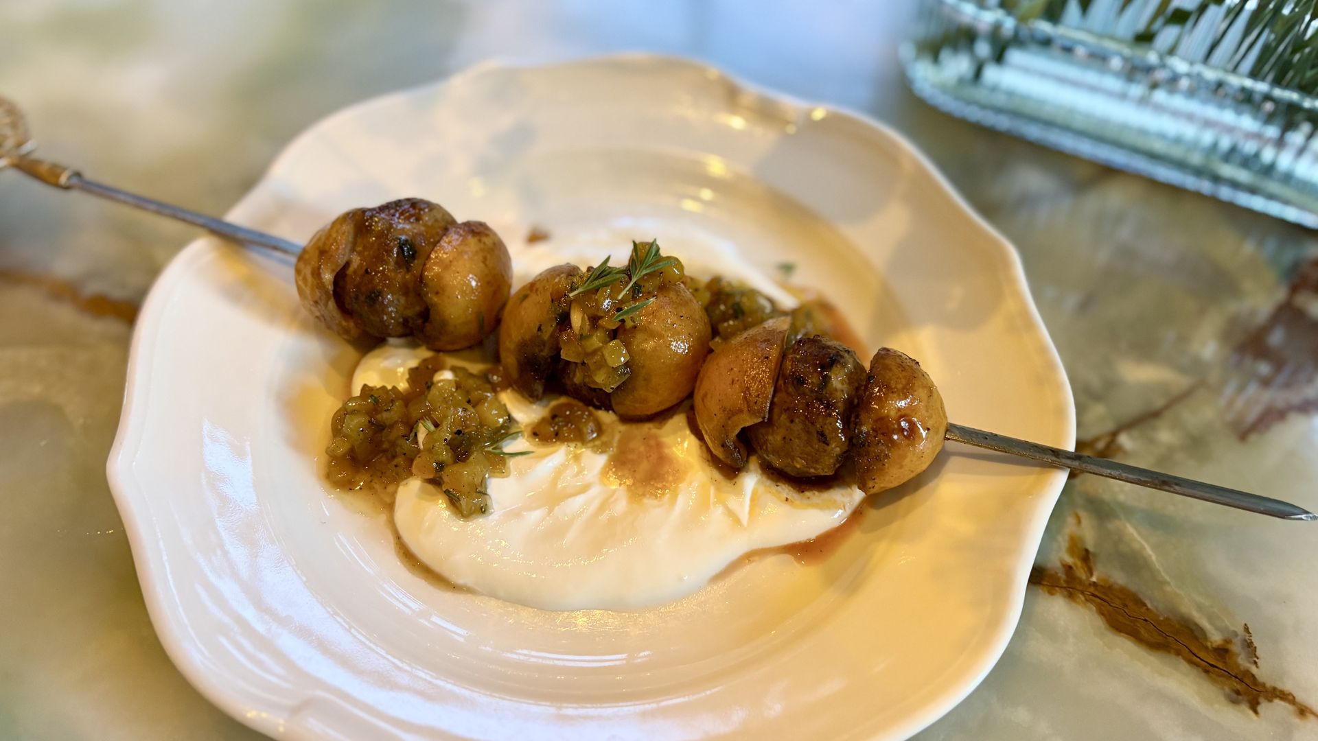 The stonefruit lamb kebab from Dalida in San Francisco.