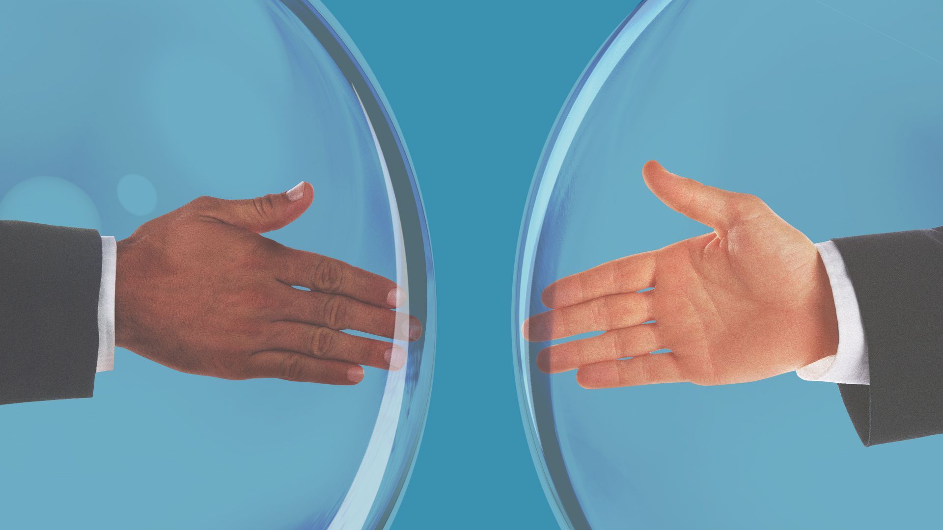Illustration of two hands about to shake, each in a bubble. 