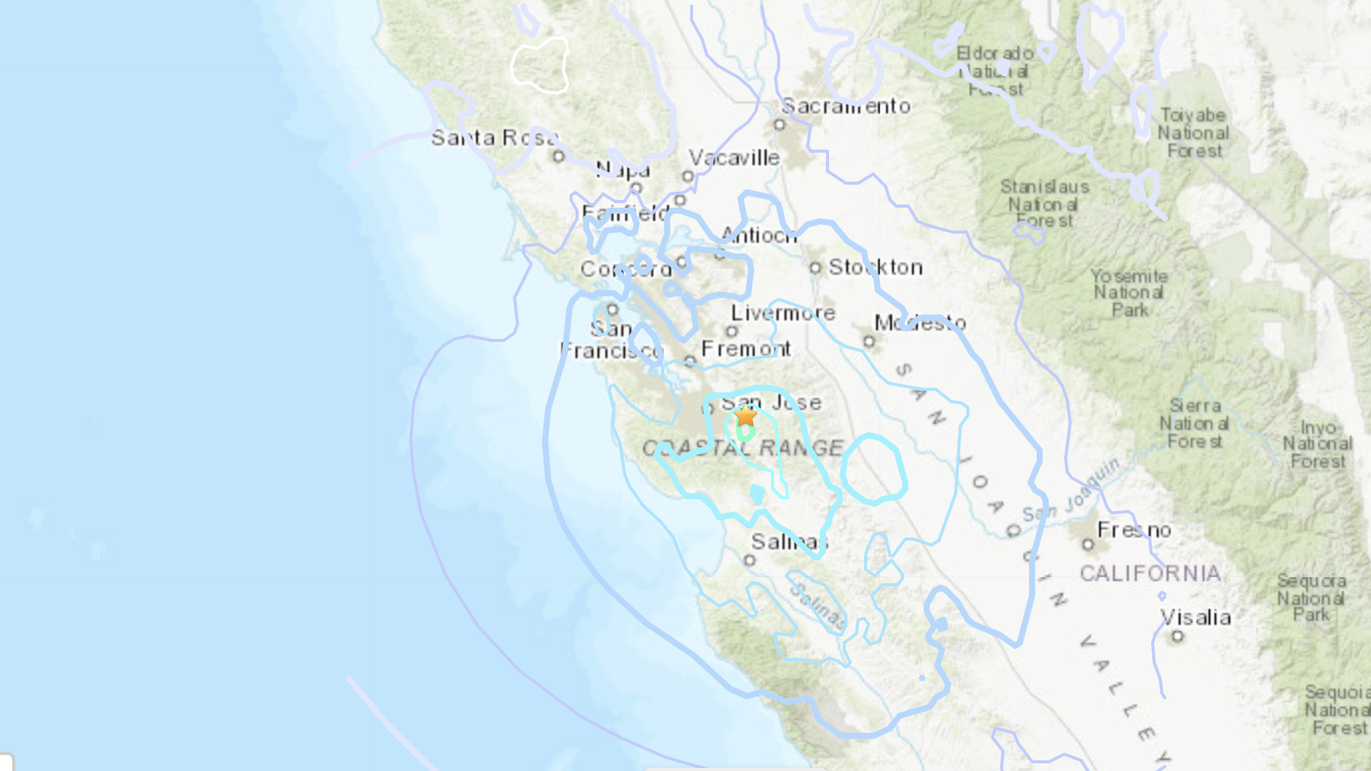 Screenshot of USGS' ShakeAlert map.