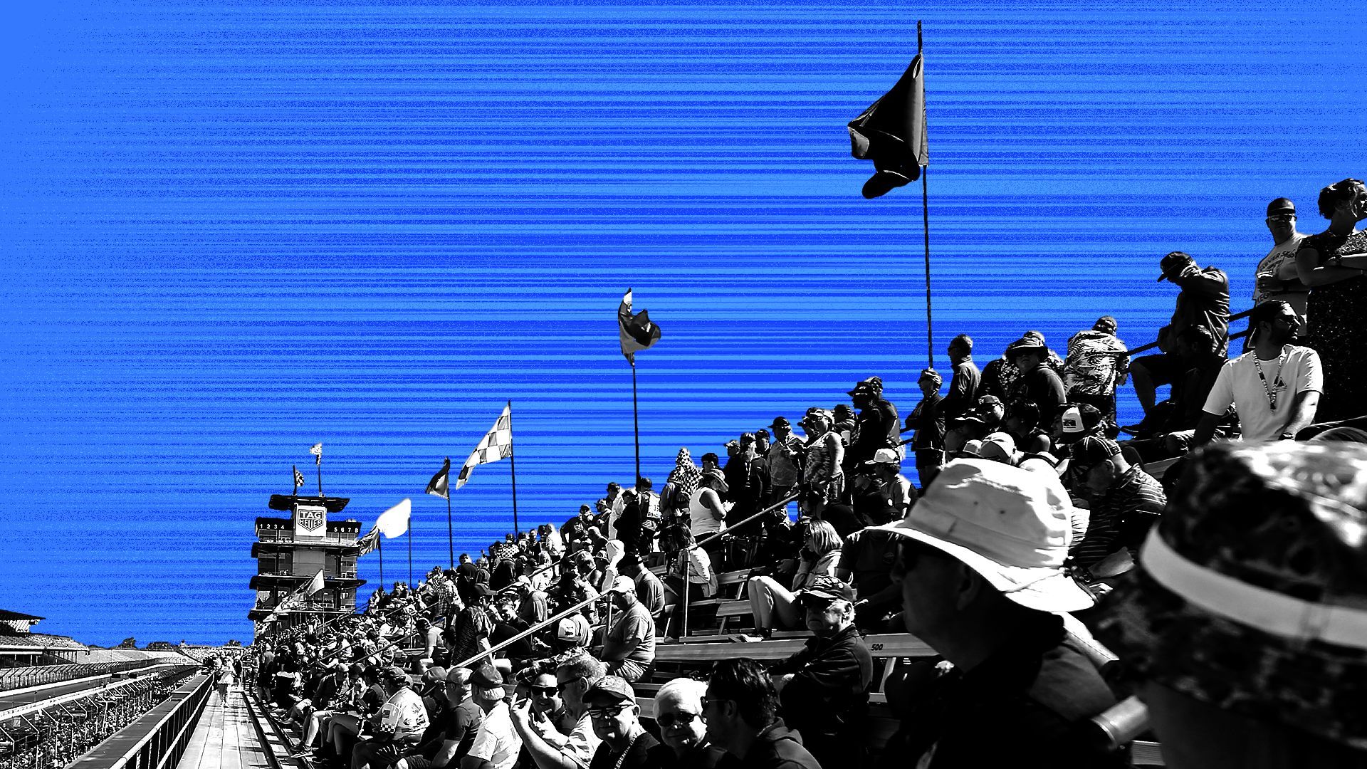 Photo illustration of the Indianapolis Motor Speedway crowd at the Indianapolis 500 against a blue background of speed lines. 