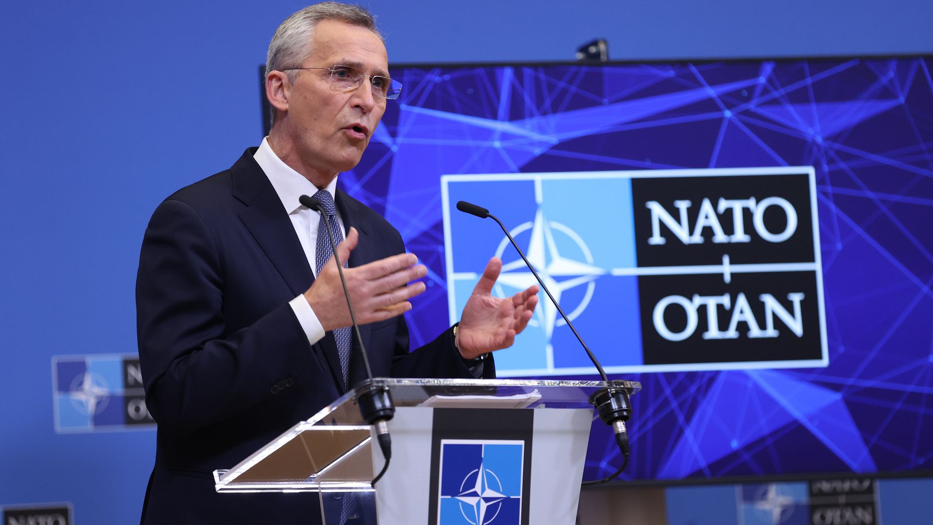 NATO  Secretary-General Jens Stoltenberg speaking during a press conference in Brussels on Jan. 12.