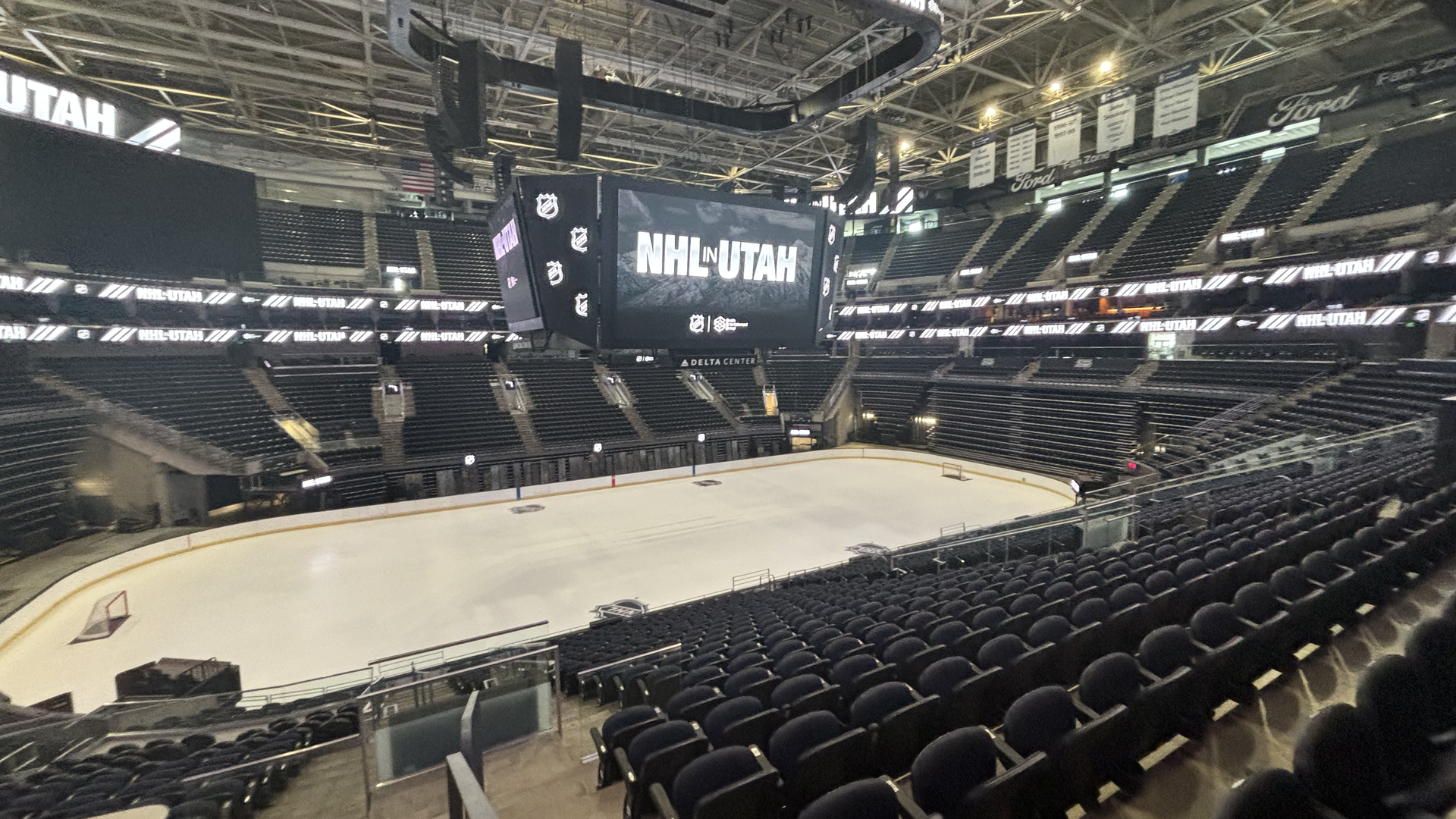 A hockey rink at the Delta Center.