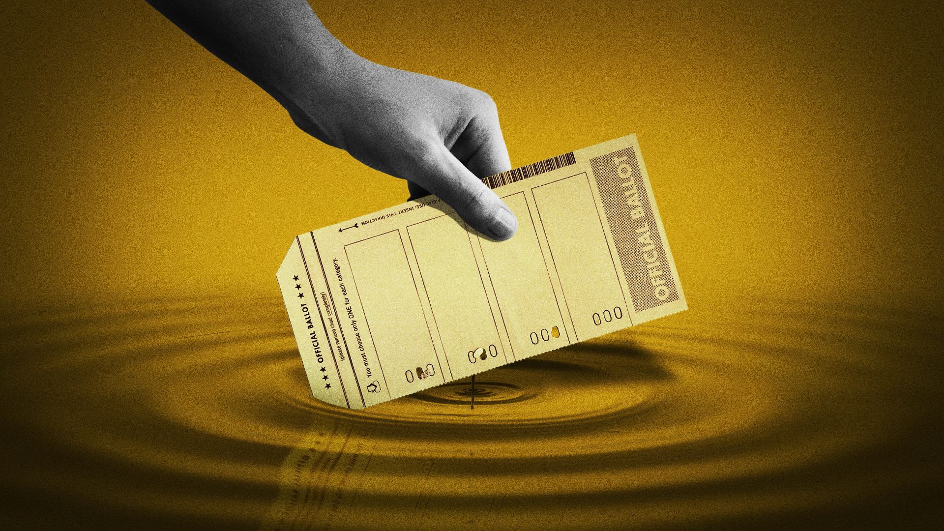 Illustration of a hand placing a ballot in a yellow ripple. 
