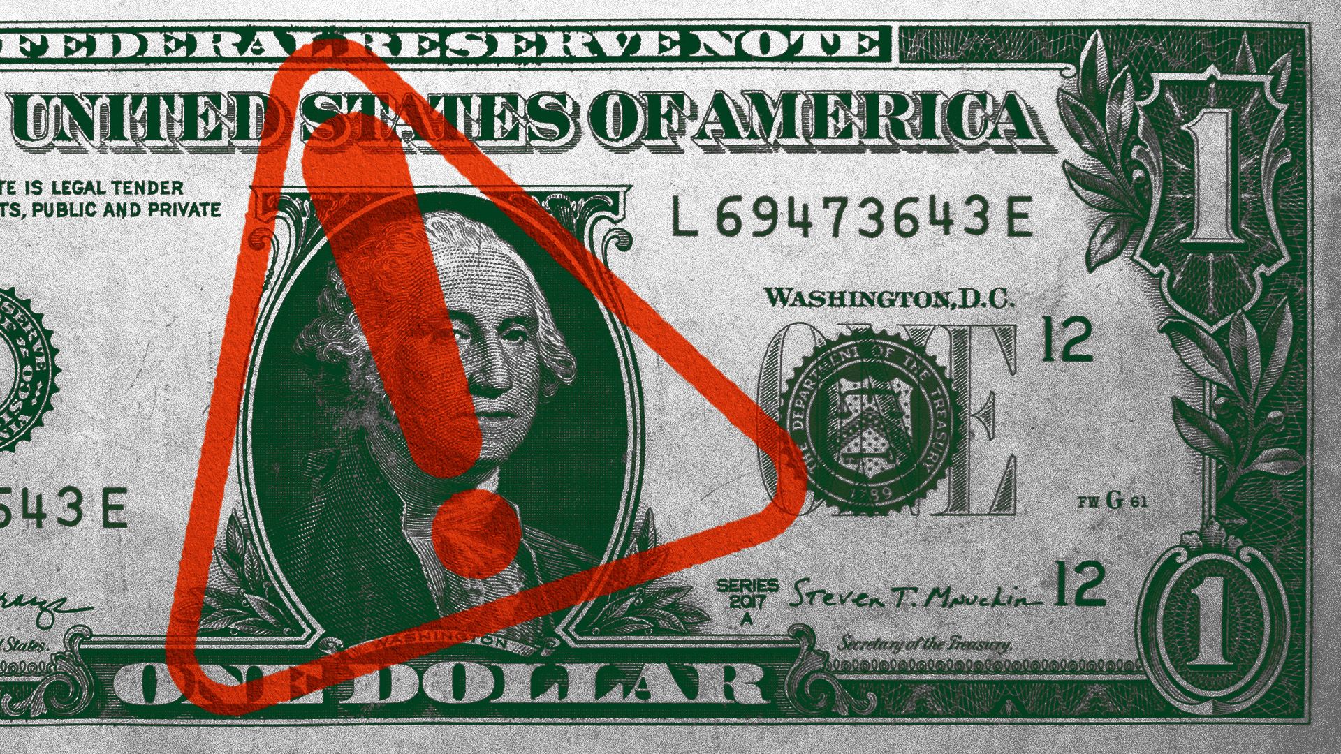 Illustration of a caution symbol stamped over a dollar bill.