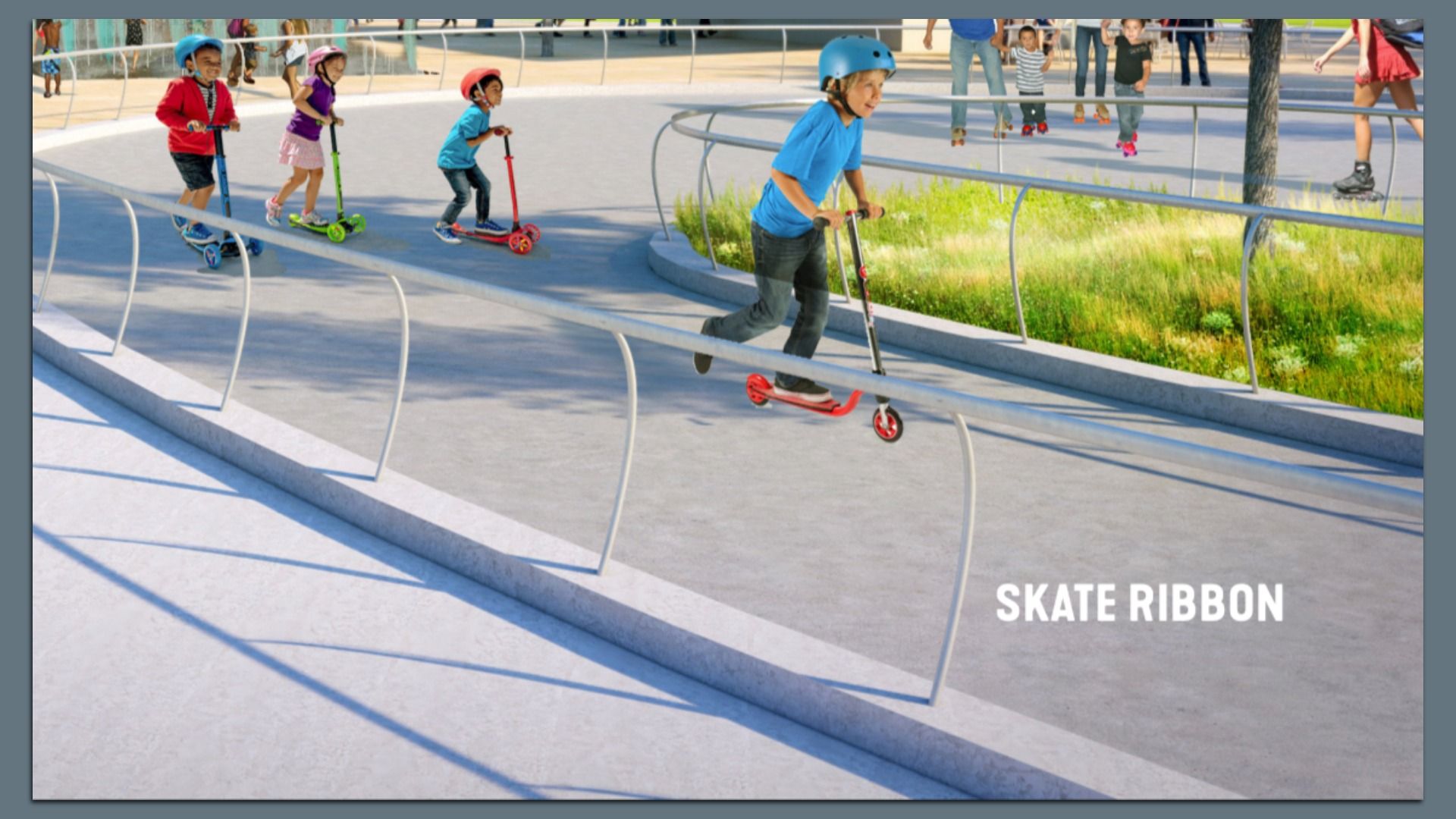 Children wearing helmets ride scooters along a curved concrete ramp at a sunny skatepark, with rails, grassy areas, and onlookers in the background.