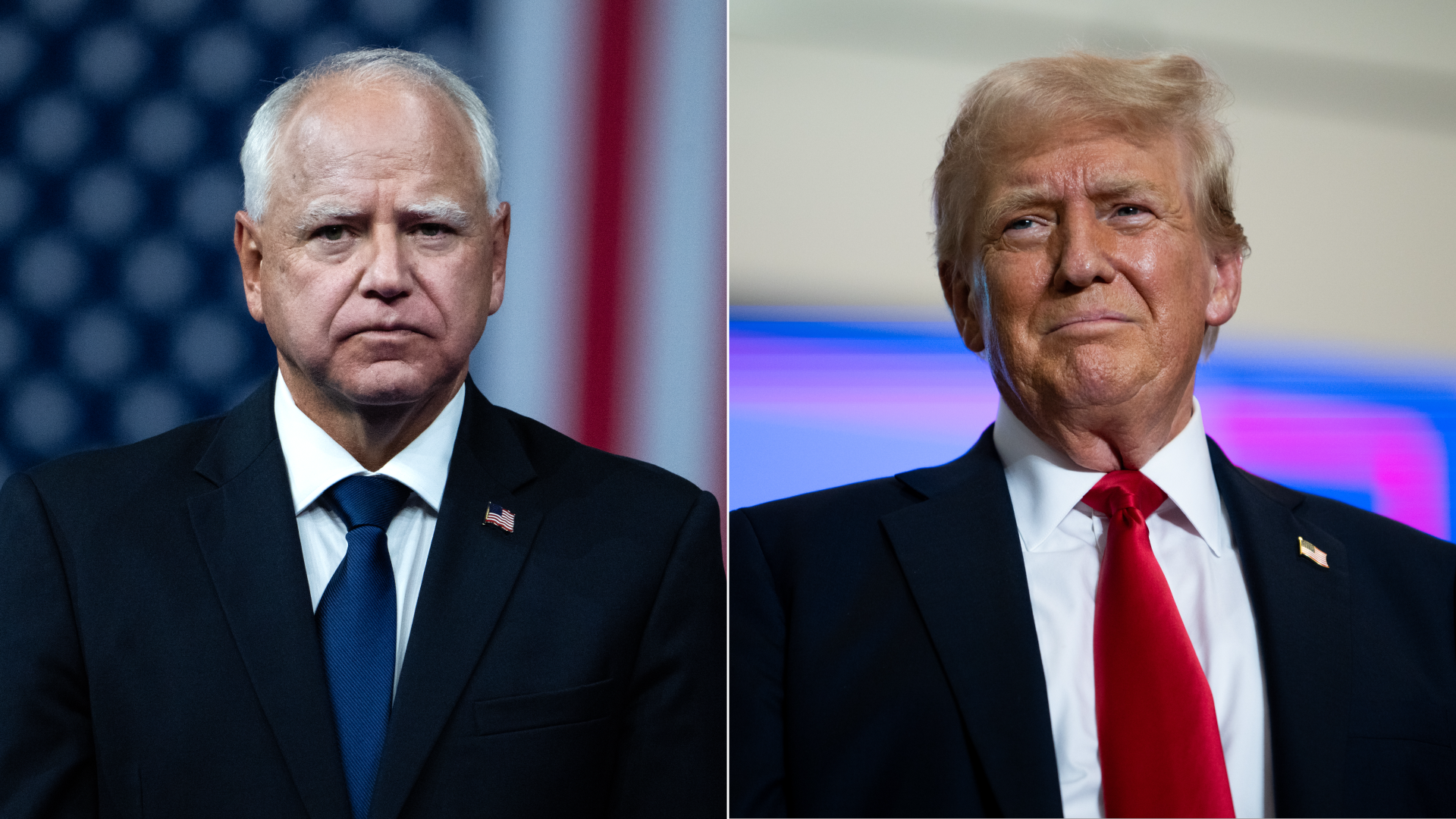 Side-by-side images of Gov. Tim Walz of Minnesota and Donald Trump