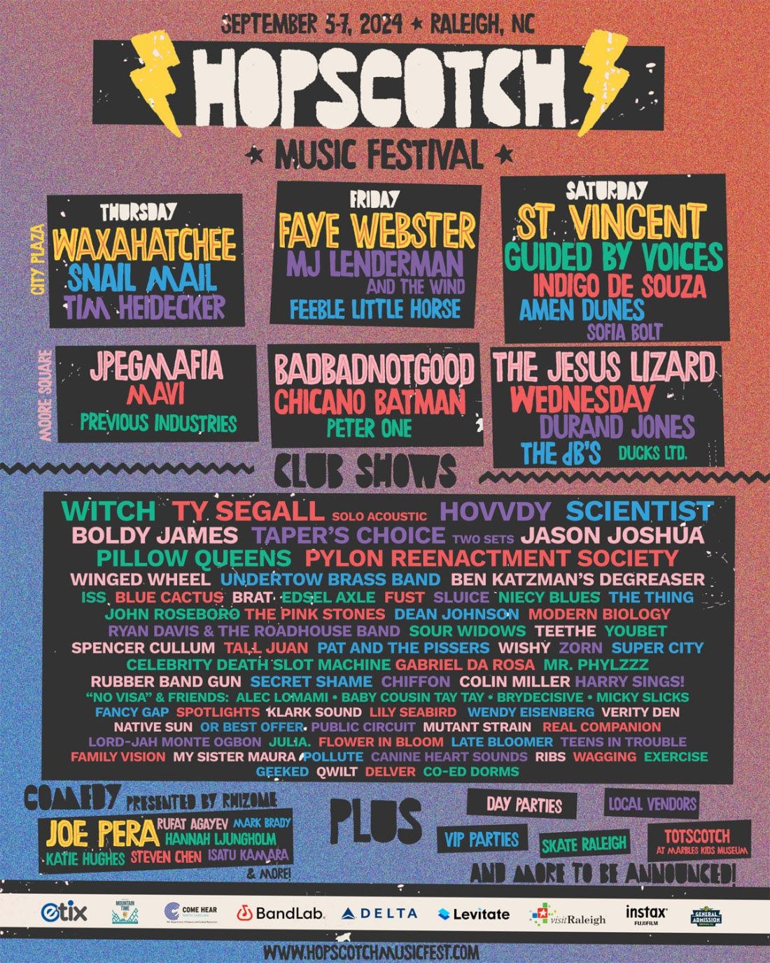 A poster that lists who is playing at Hopscotch