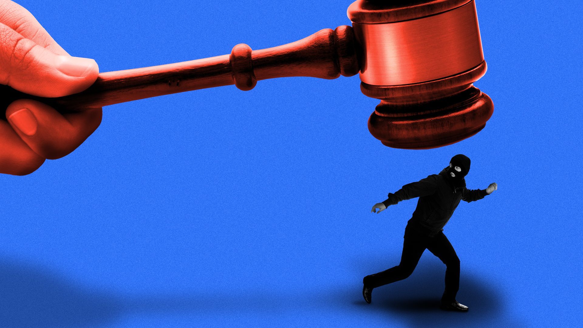 Illustration of a giant red hand and gavel coming down on a tiny man in a burglar's mask