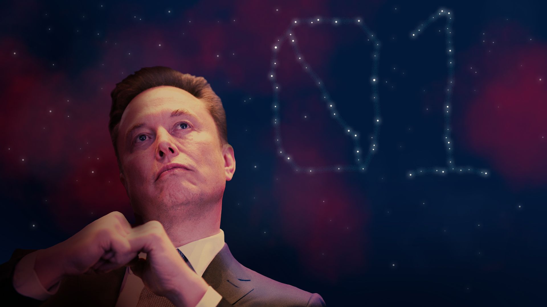 Photo illustration of Elon Musk gazing towards stars forming a constellation in the shape of binary code