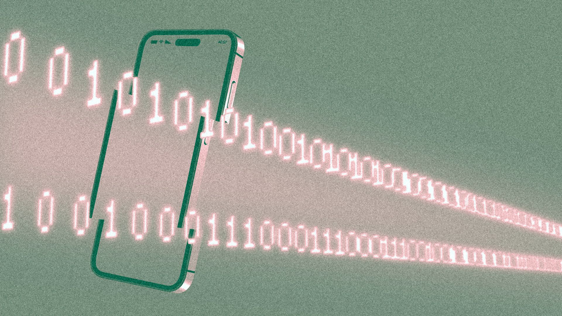 Illustration of a smartphone being cut in three by two lines of binary code.