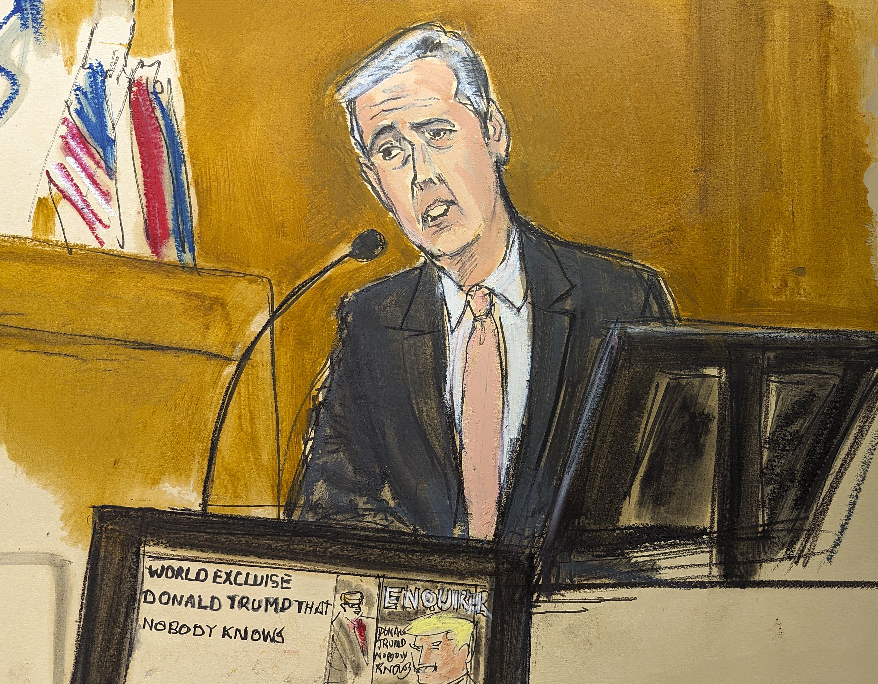 Court illustration of Michael Cohen on the stand