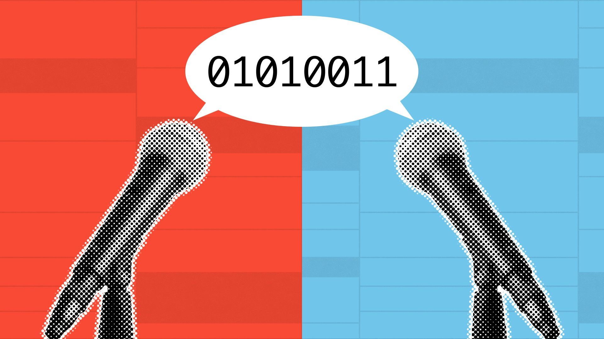 Illustration of two microphones with a shared speech bubble featuring binary code