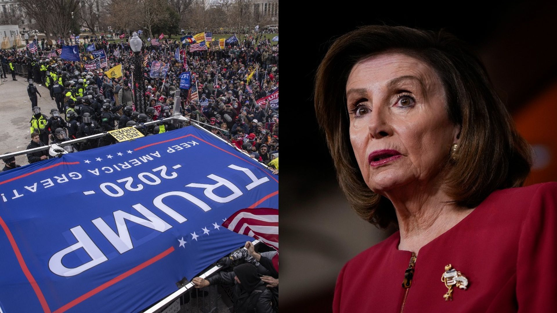 Photo of a pro-Trump crowd at the Capitol on the left and Nancy Pelosi in a red blouse on the right