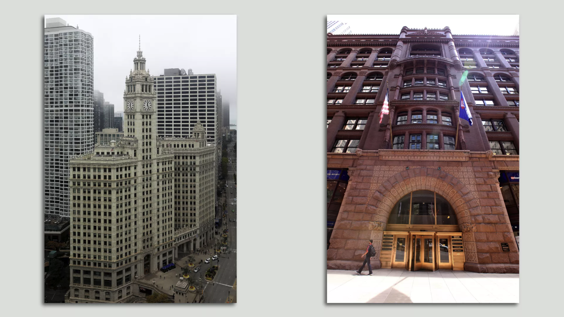 Wrigley Building (left) and The Rookery Building. Photos: Raymond Boyd/Getty Images