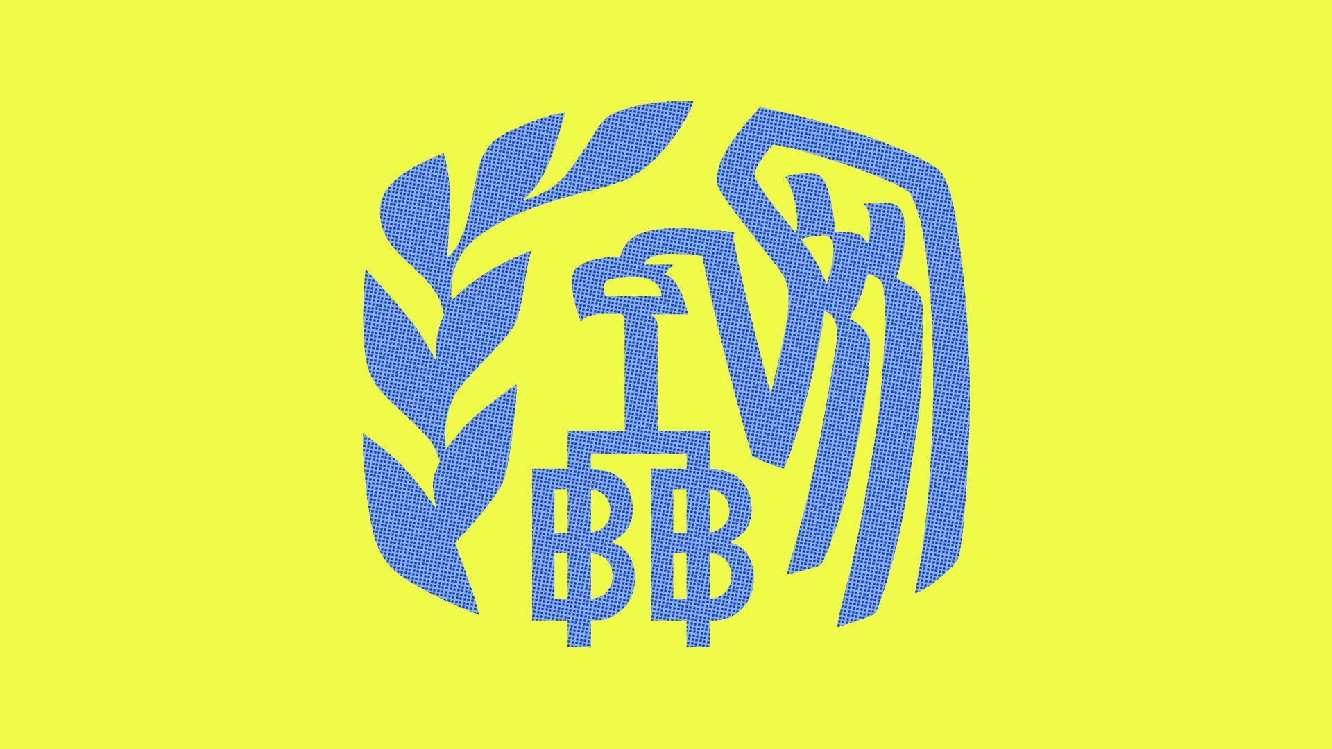 An illustration of the IRS and bitcoin logos