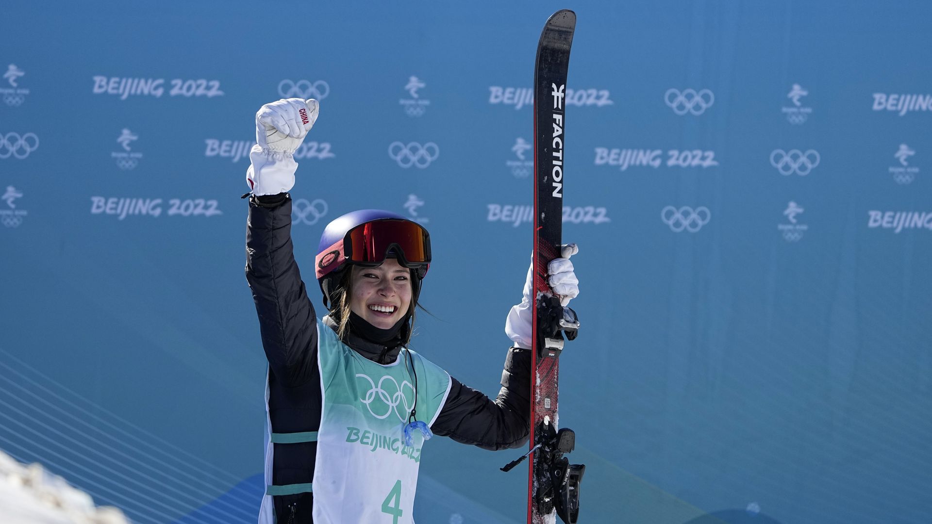 Eileen Gu, of China, reacts after winning the women's freestyle skiing big air finals of the 2022 Winter Olympics, Tuesday, Feb. 8, 2022, in Beijing.
