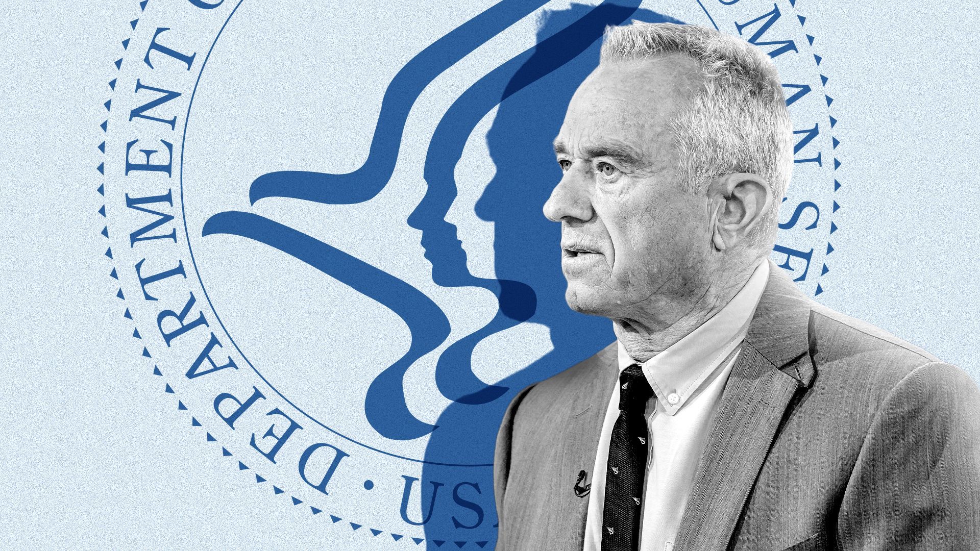 Photo illustration of RFK Jr. in profile with his shadow casting against the logo of the HHS, blending with the faces in the design. 