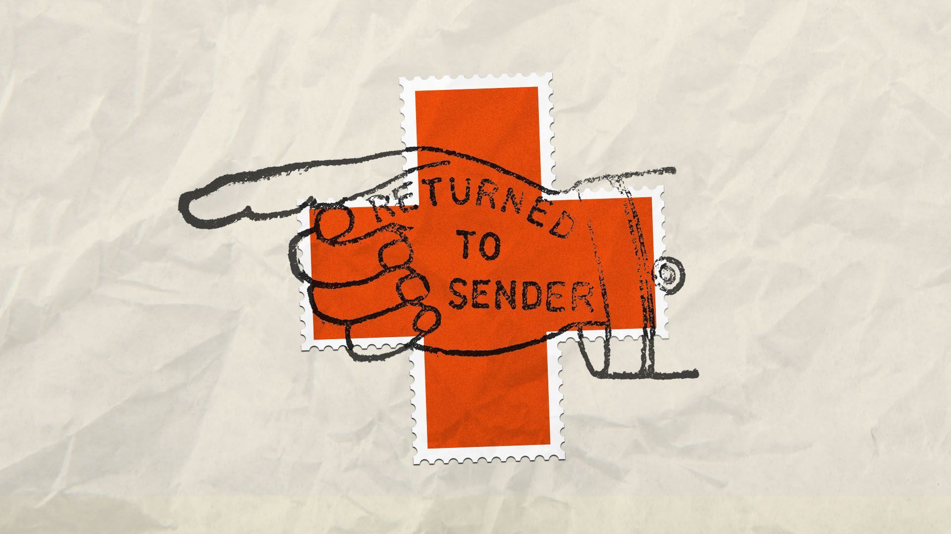 Illustration of a postage stamp in the shape of a red cross with a returned to sender stamped over it