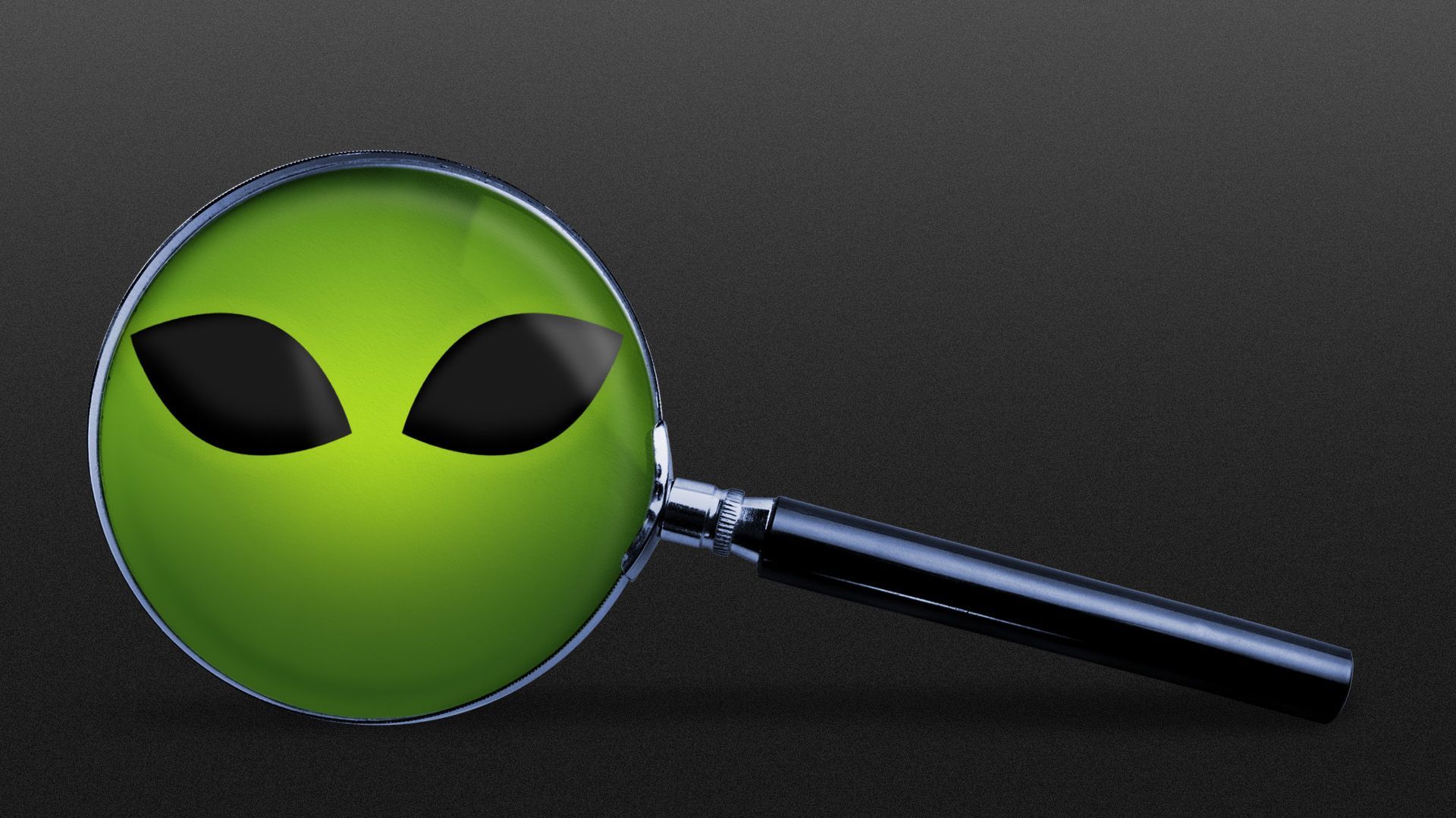 Illustration of a magnifying glass with the glass portion in the shape of an alien face with large eyes