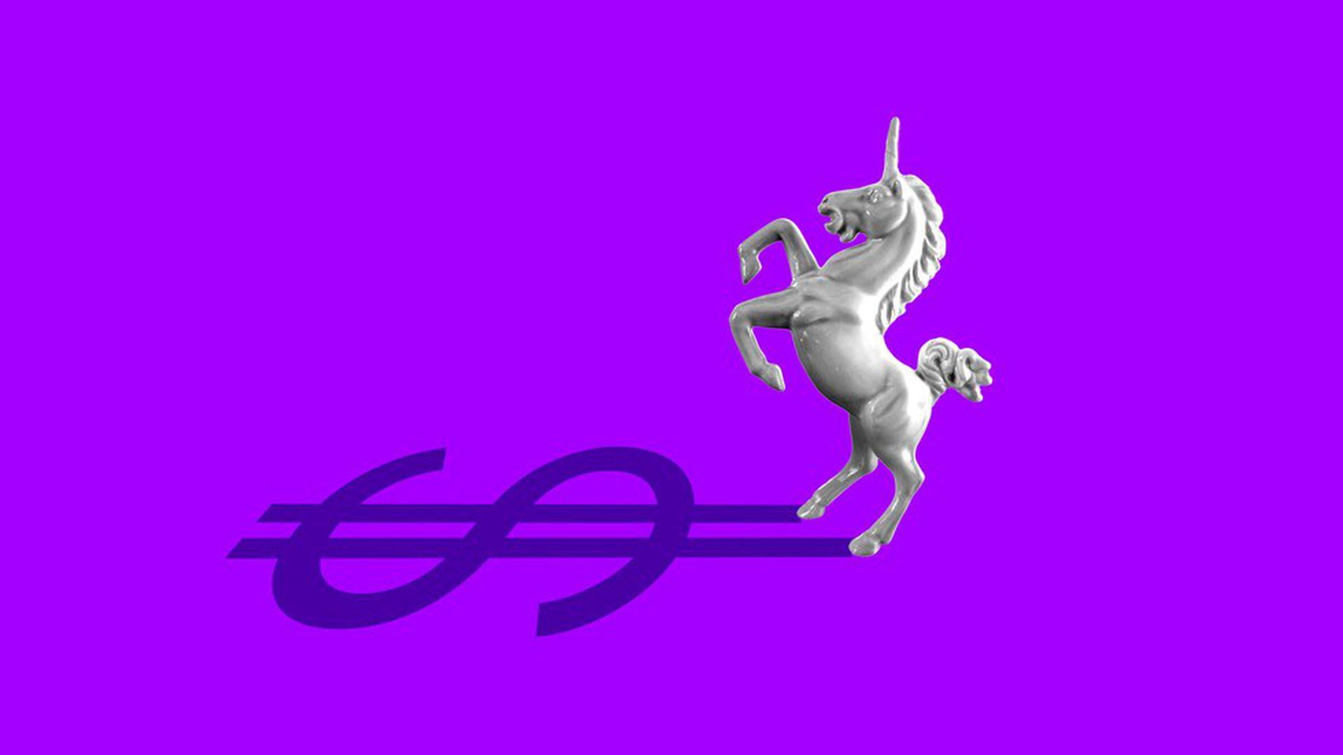 Illustration of a unicorn leaving a shadow in the sign of a dollar sign