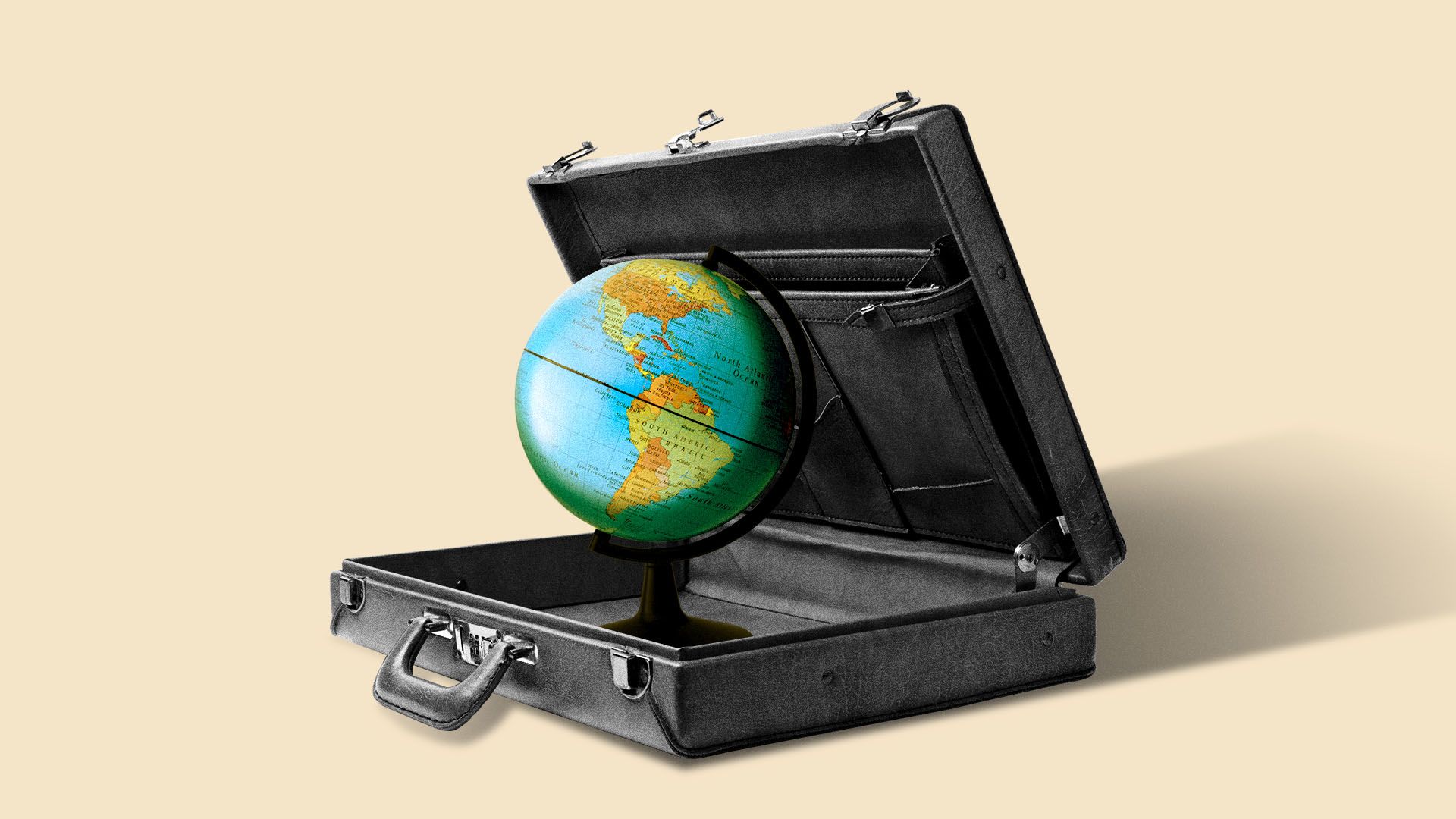 Illustration of an open briefcase with a globe inside.