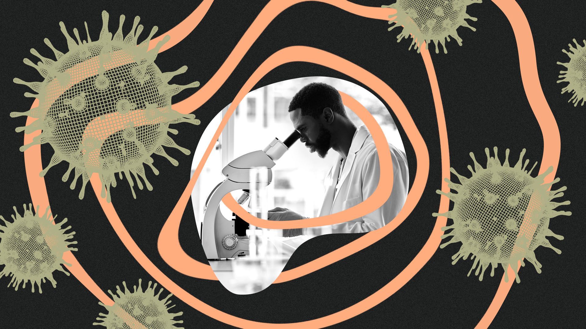 Illustration of a researcher looking though a microscope surrounded by wavy shapes and vector-style viruses
