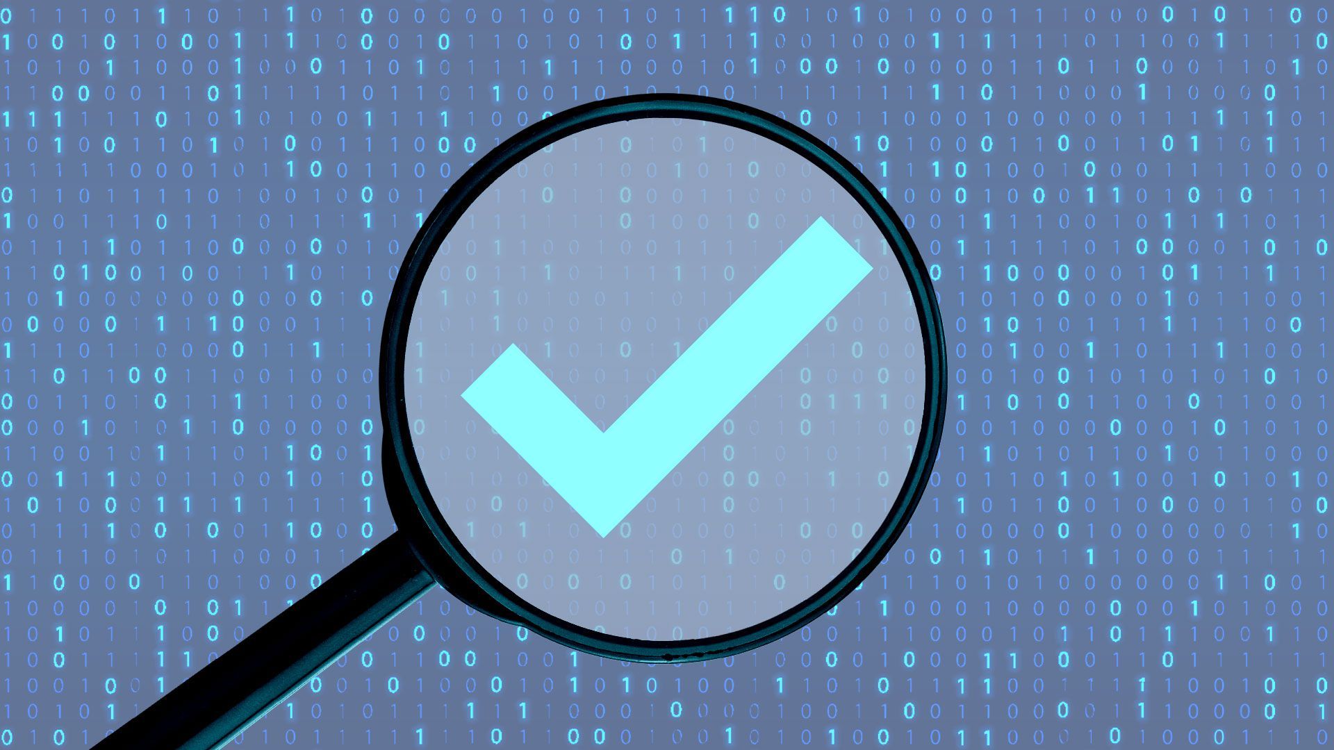 Illustration of magnifying glass over a binary background that reveals a checkmark