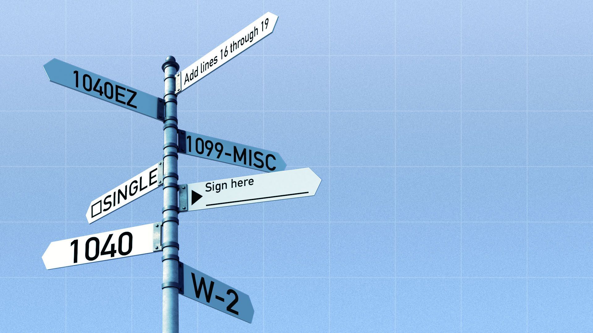 Illustration of a sign pointing in multiple directions featuring text from tax forms
