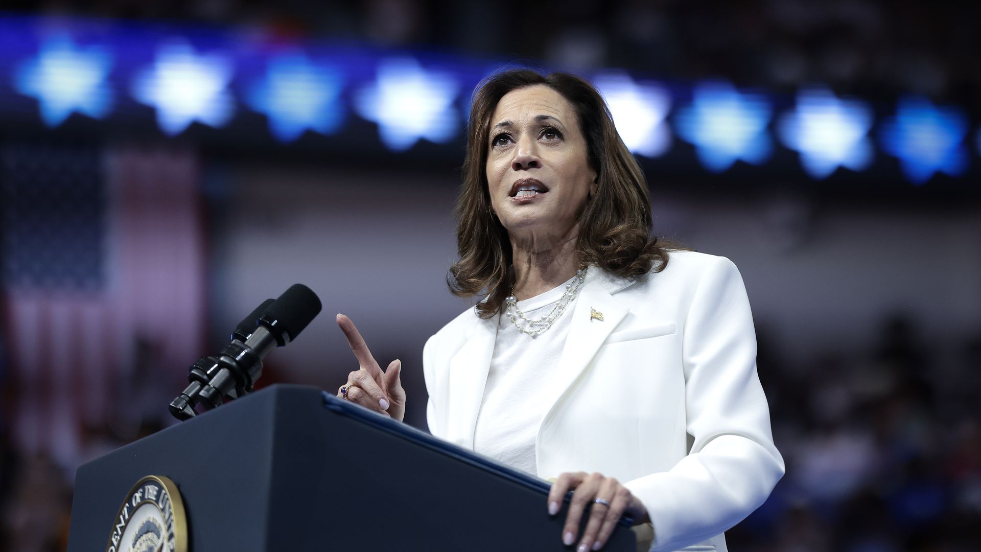 Vice President Kamala Harris speaks at a campaign rally at the Enmarket Arena August 29, 2024 in Savannah, Georgia. Harris has campaigned in southeast Georgia for the past two days. (Photo by Win McNamee/Getty Images)