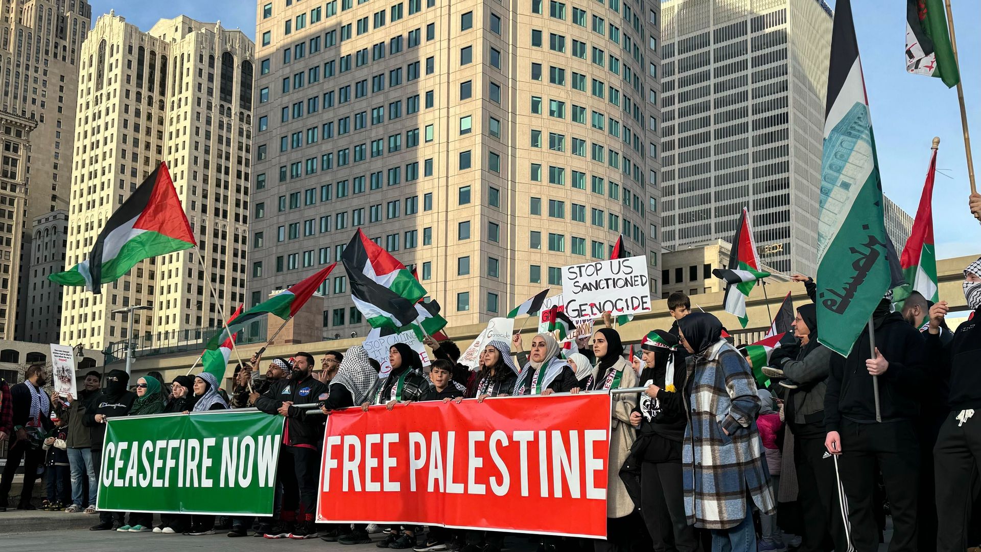 Thousands of pro-Palestinian demonstrators march downtown Detroit on Oct. 28 in protest of Israel's prolonged bombardment of Gaza in response to Hamas' attacks on Oct. 7.  Photo: Samuel Robinson/Axios