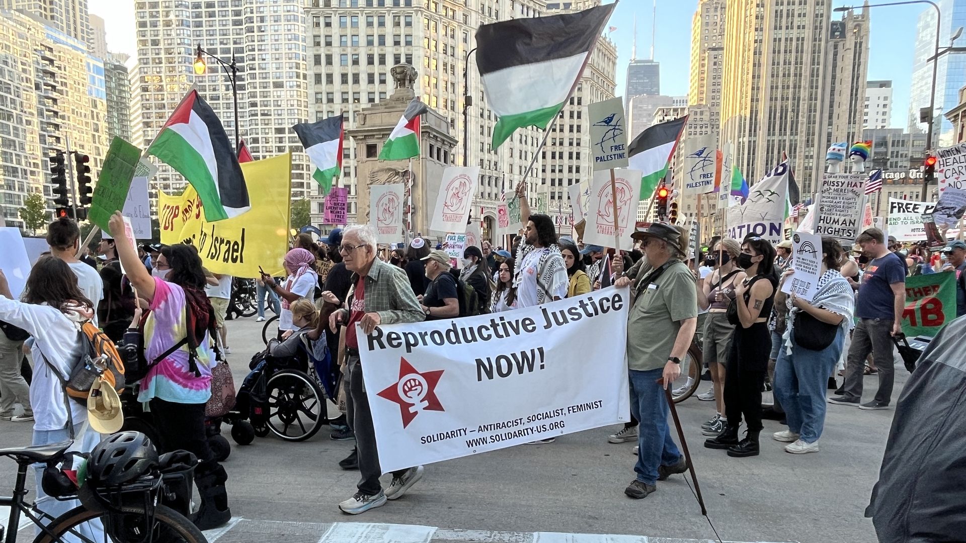 Protesters holding Palestinian flags and a white banner that reads Reproductive Justin NOW! in front of Chicago skyline
