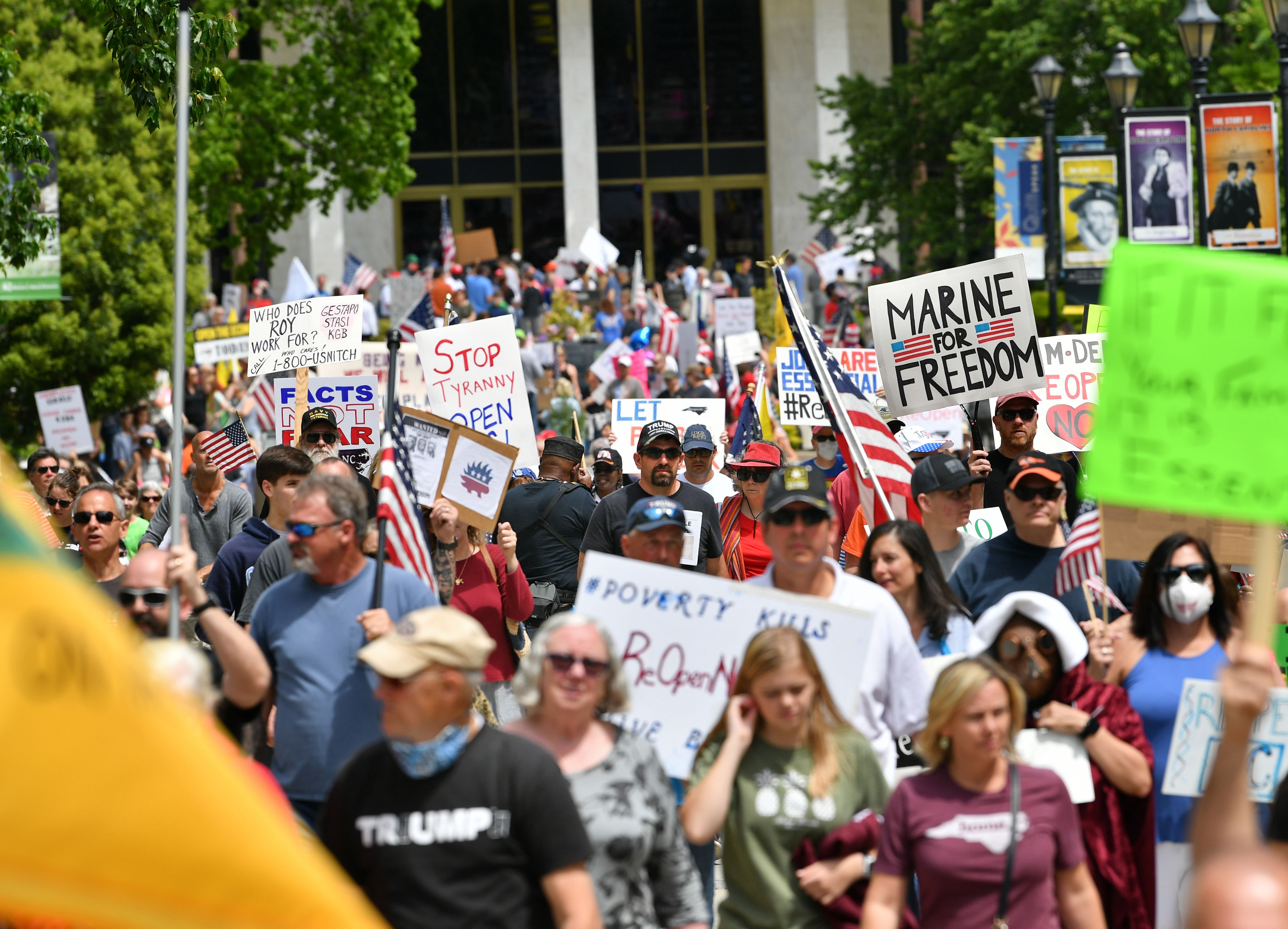 Protesters from a grassroots organization called REOPEN NC gather for pressure North Carolina Governor Roy Cooper to reopen the State in Raleigh, NC