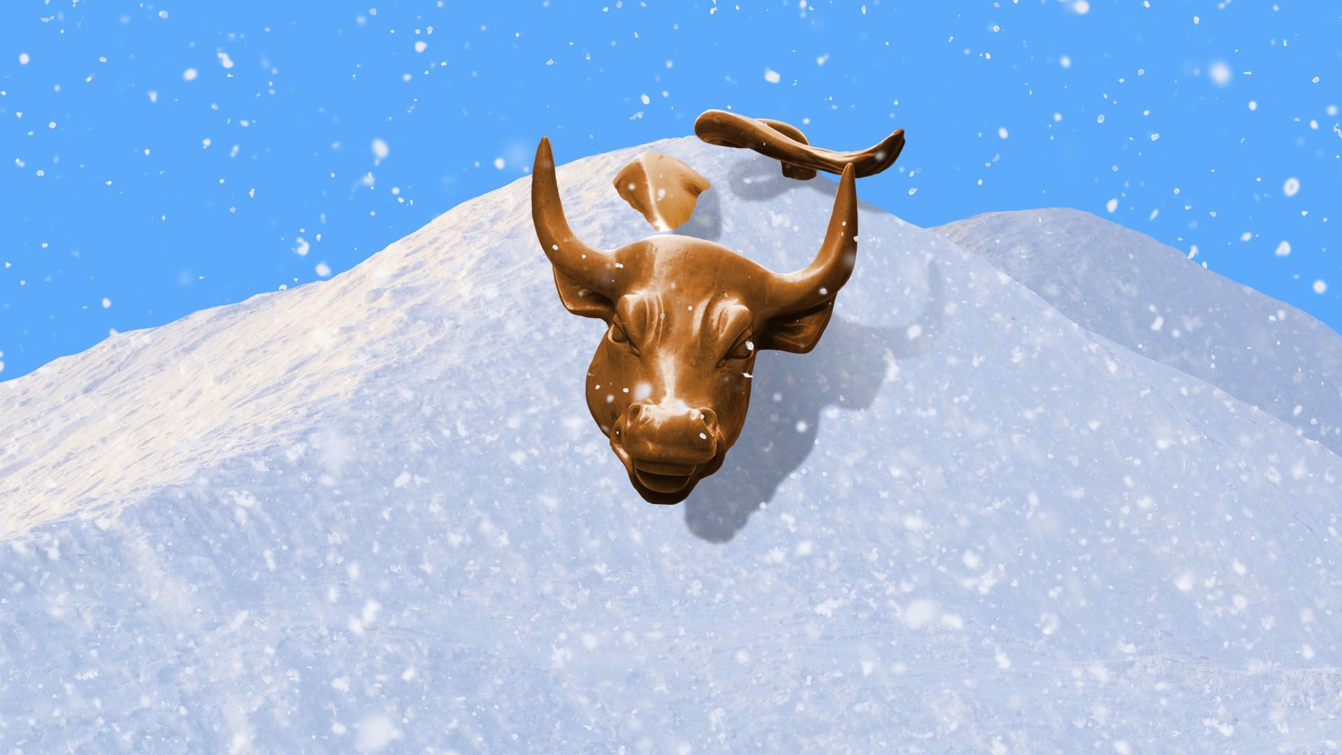 Illustration of the Wall Street Bull statue buried in snow