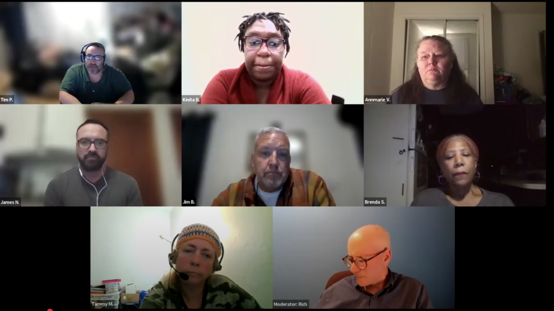Video call grid showing eight adults with varied backgrounds; one wears a headset and knit hat, another in a red sweater, a man in a striped jacket, and a bald man labeled Moderator Rich.