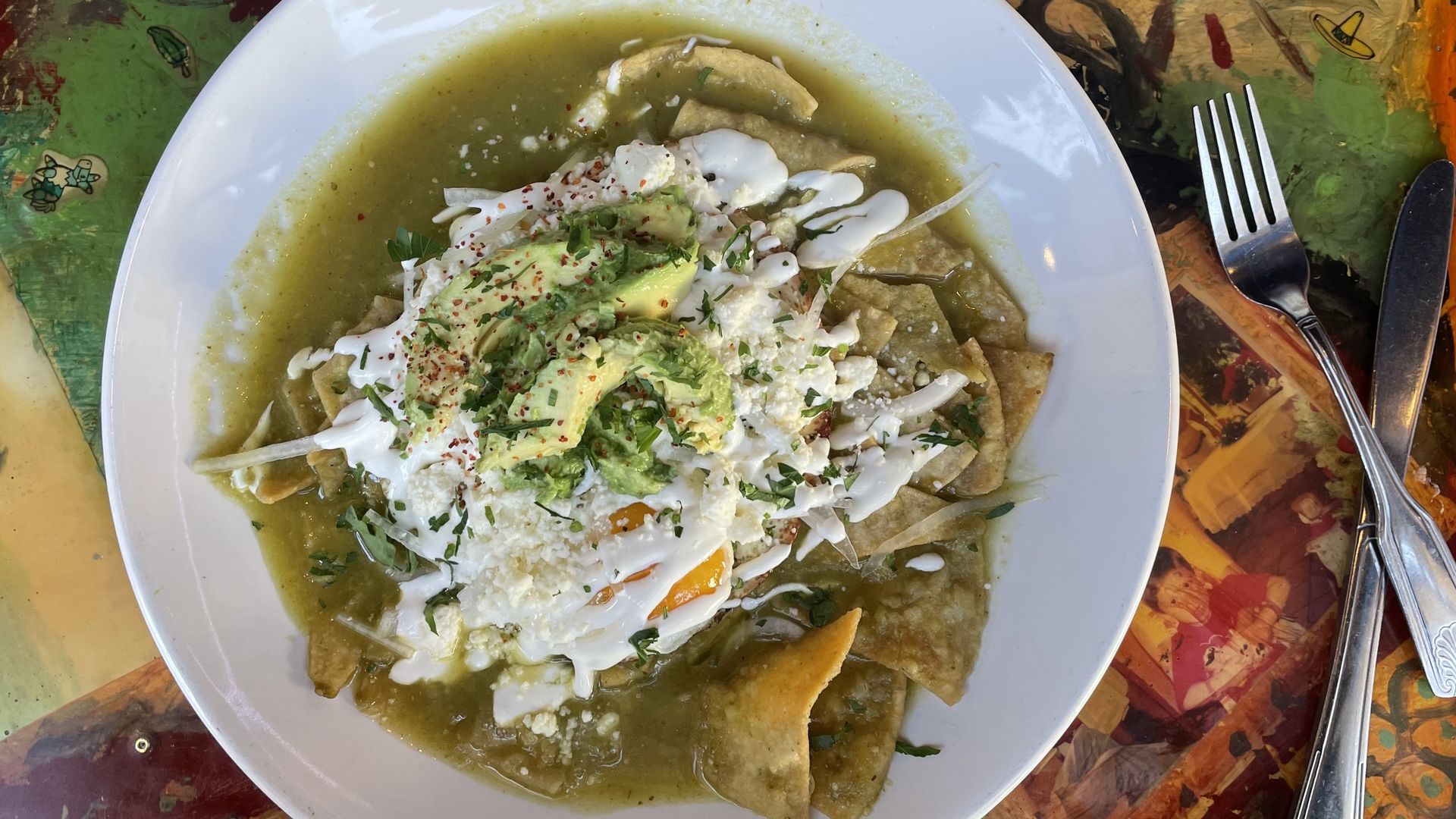 Chilaquiles from a Mala Pata brunch pop up in Jan. 2024