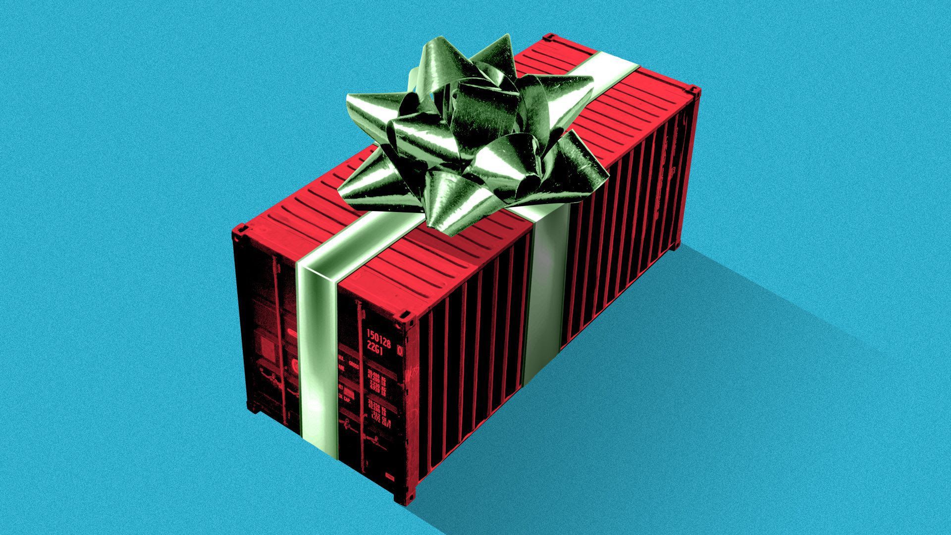 a red shipping container with a green bow on top