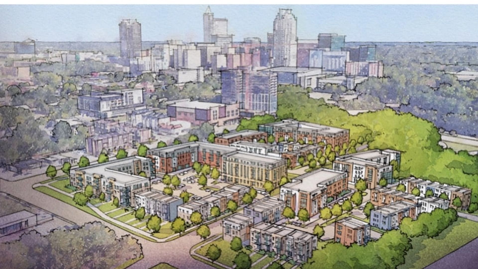 Aerial illustration of a future Heritage Park: low-rise buildings clustered around green courtyards and trees, with a distant city skyline on the horizon.