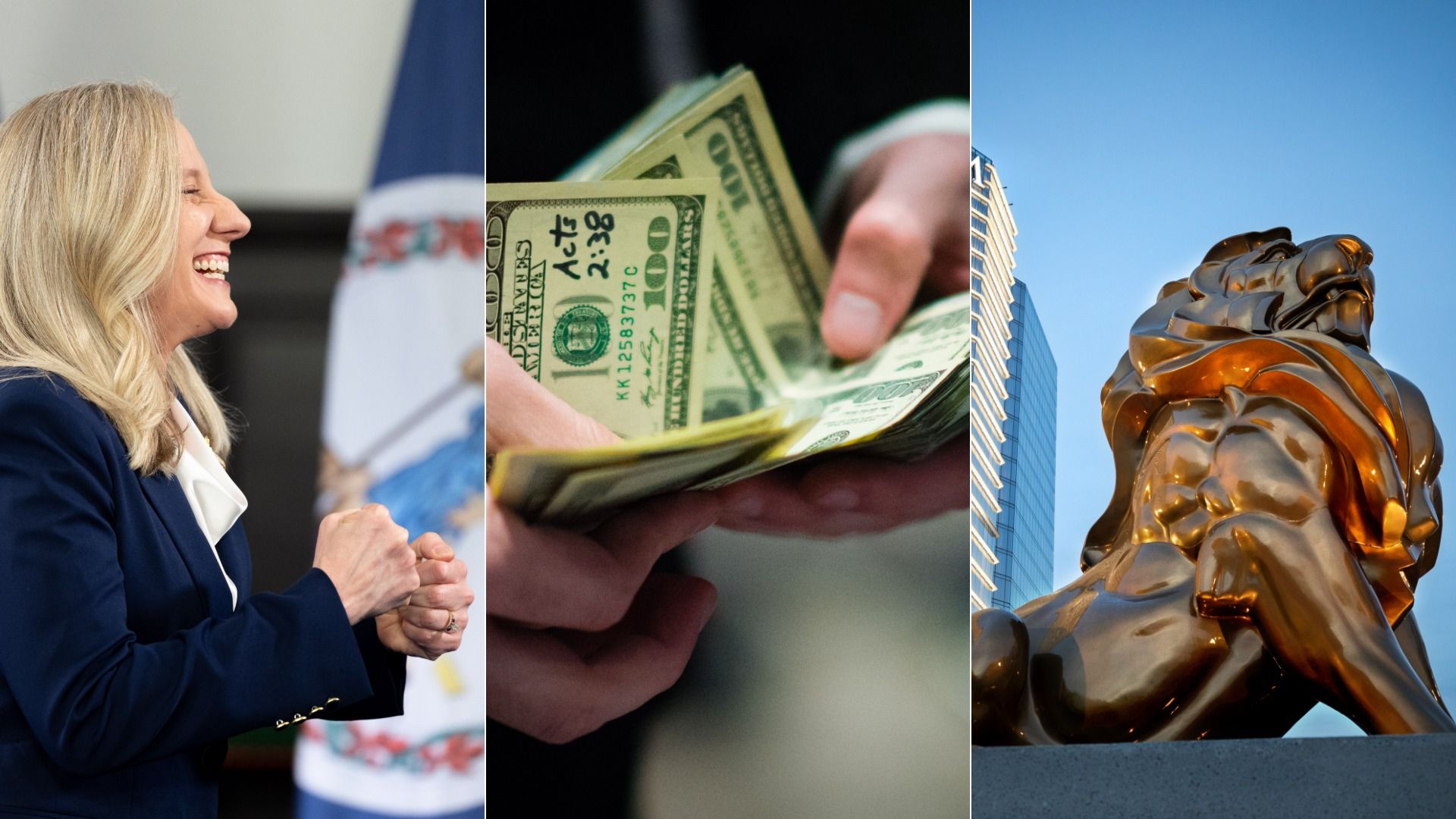 A picture of Abigail Spanberger (left), a close-up photo of cash being counted at a casino (middle), and the lion statue outside the MGM Casino at National Harbor (right)