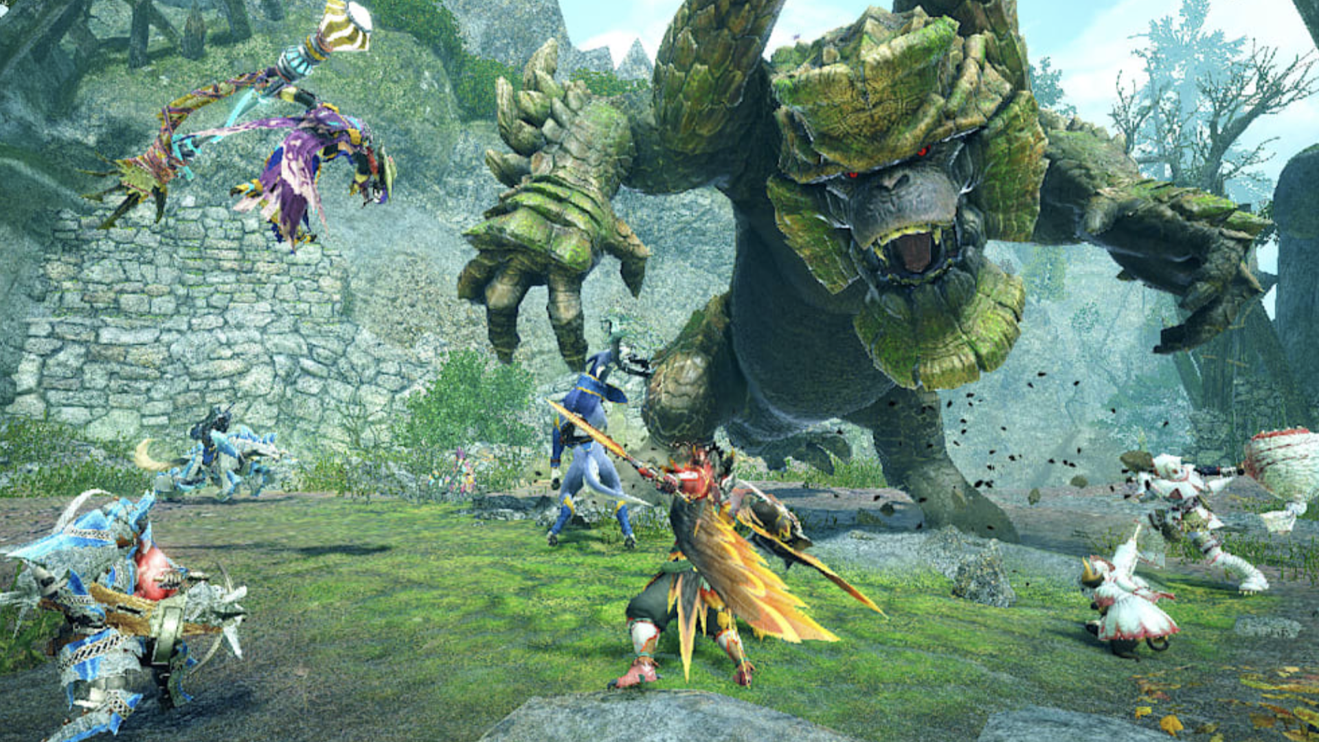 Video game screenshot of armored warriors surrounding a green monster